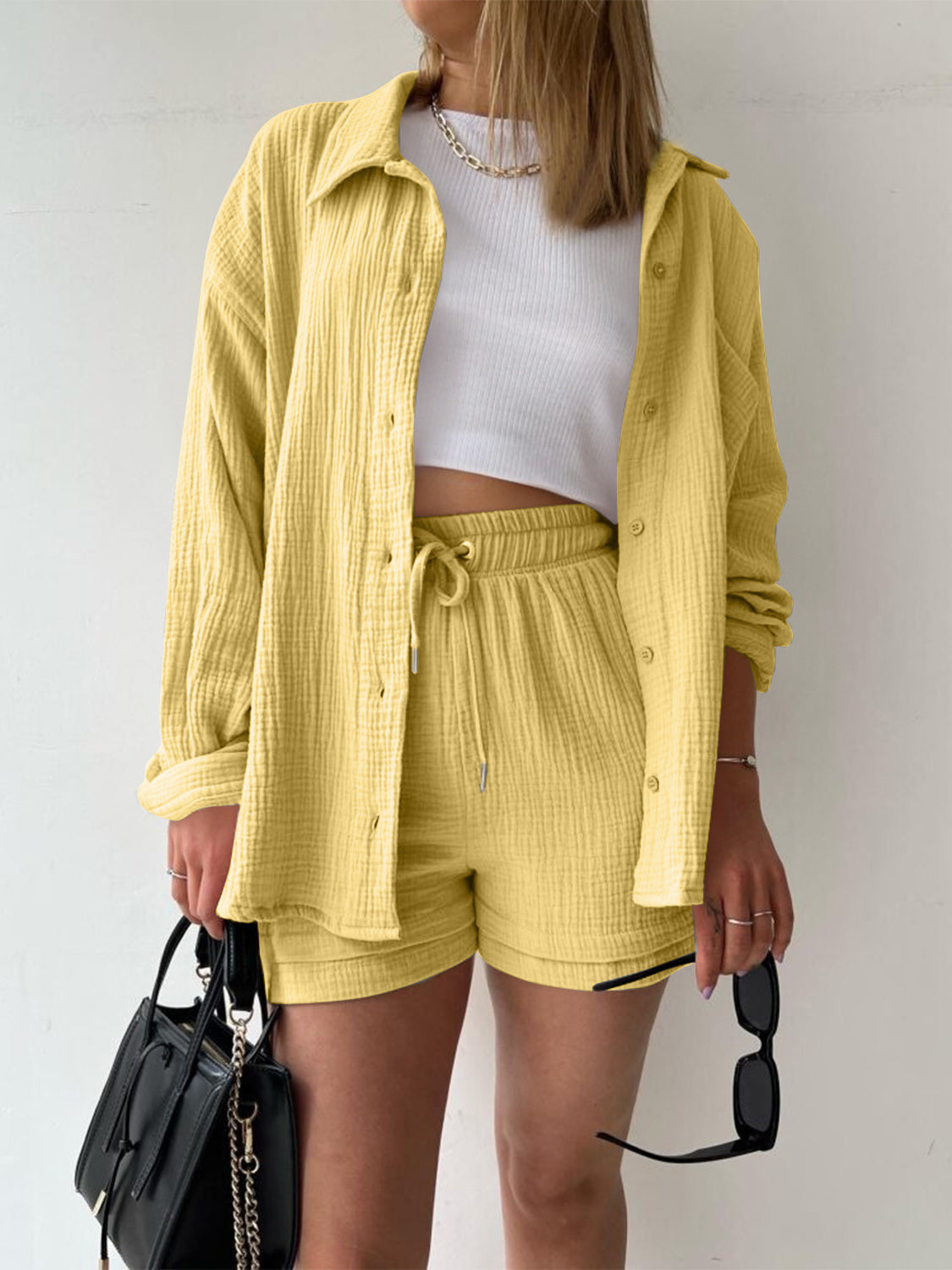 Texture Button Up Shirt and Drawstring Shorts Set - Kristi Pierce Designs
