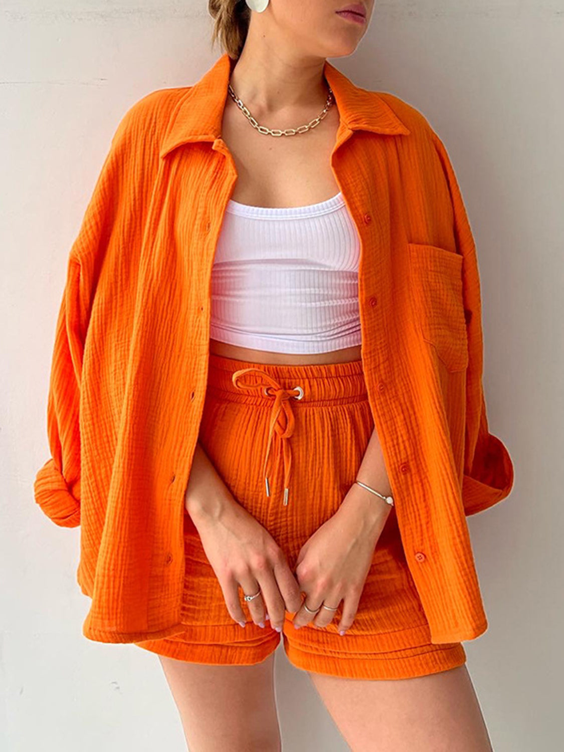 Texture Button Up Shirt and Drawstring Shorts Set - Kristi Pierce Designs