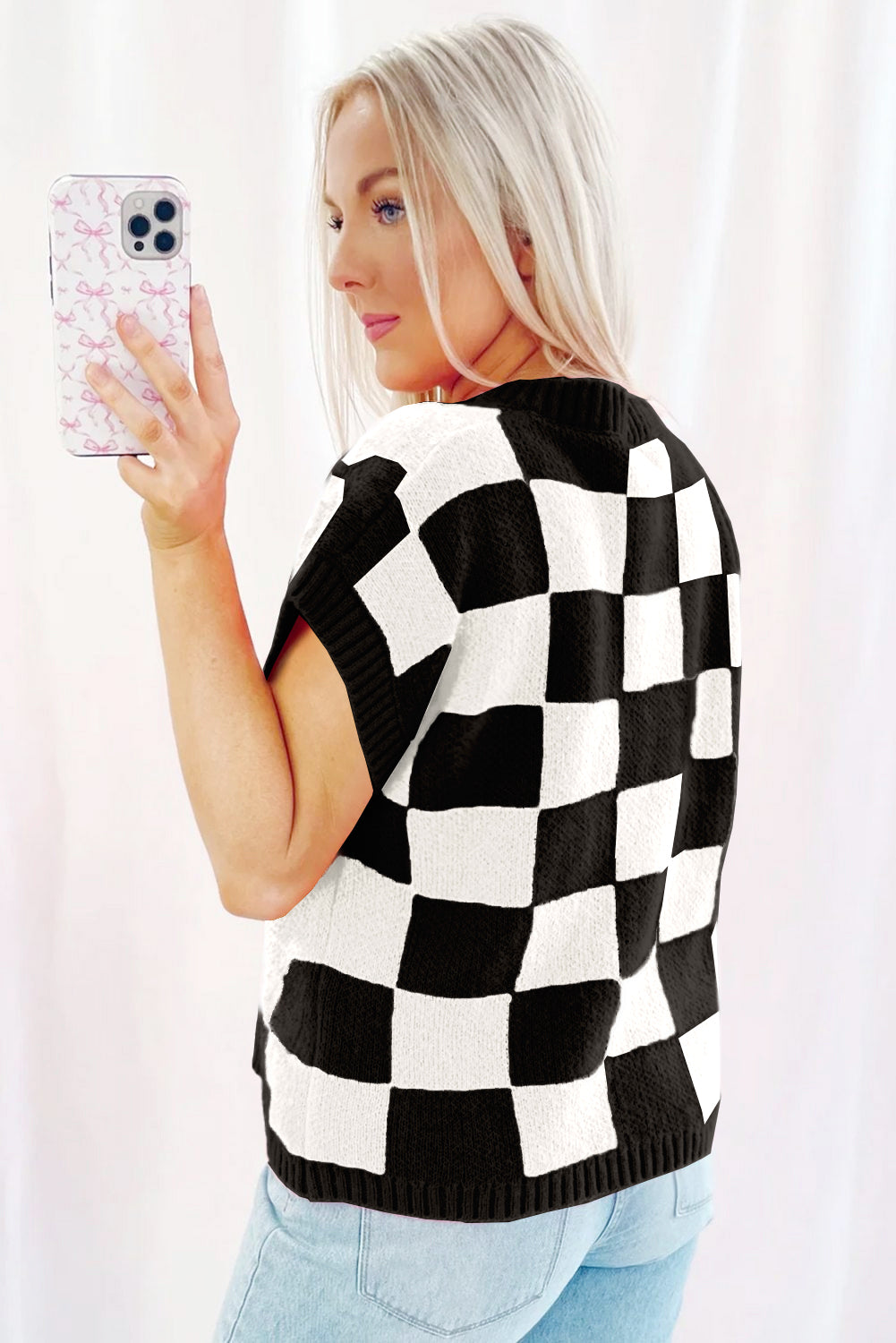 Sachet Pink Colorblock Checkered Knit Dolman Tee