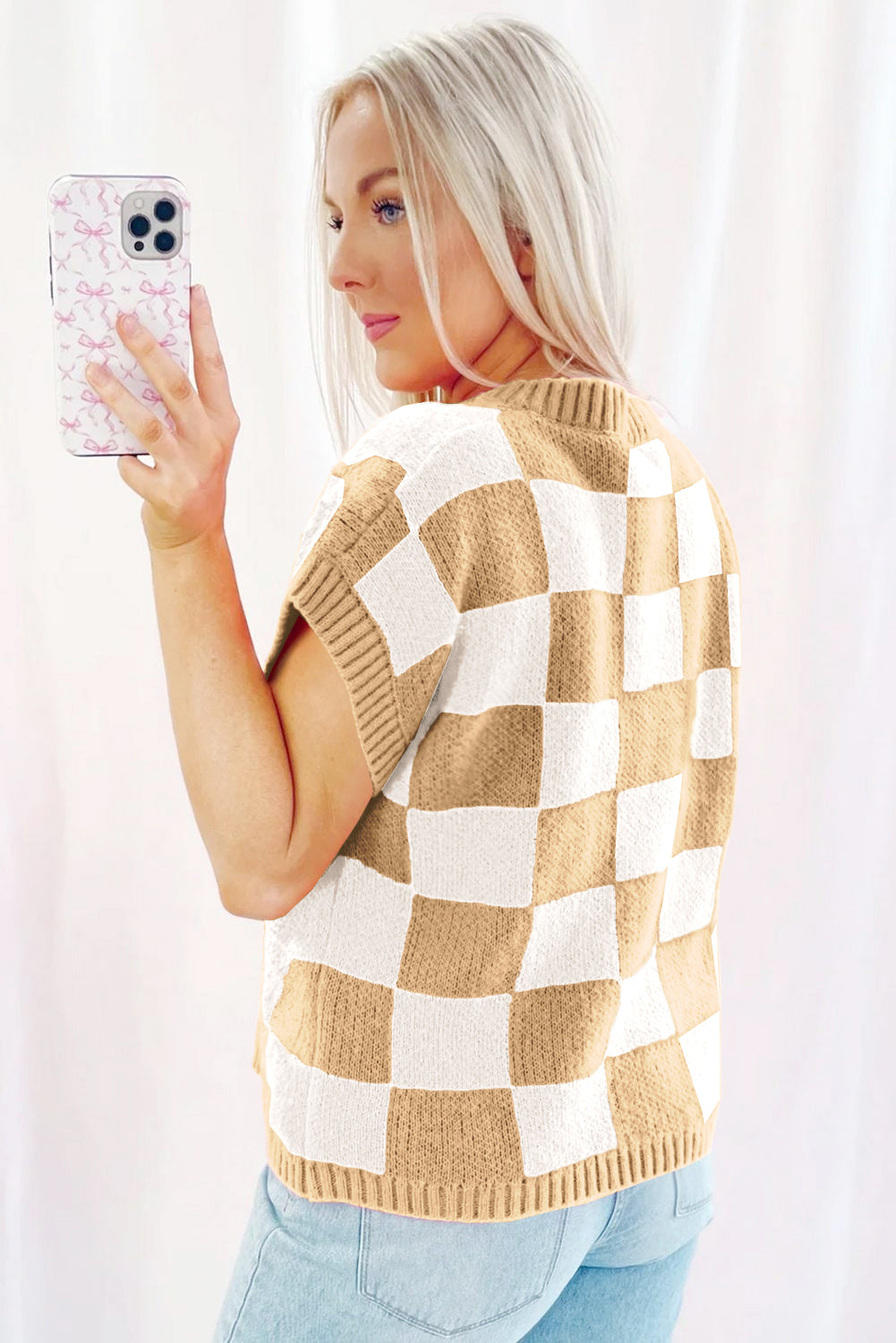 Sachet Pink Colorblock Checkered Knit Dolman Tee