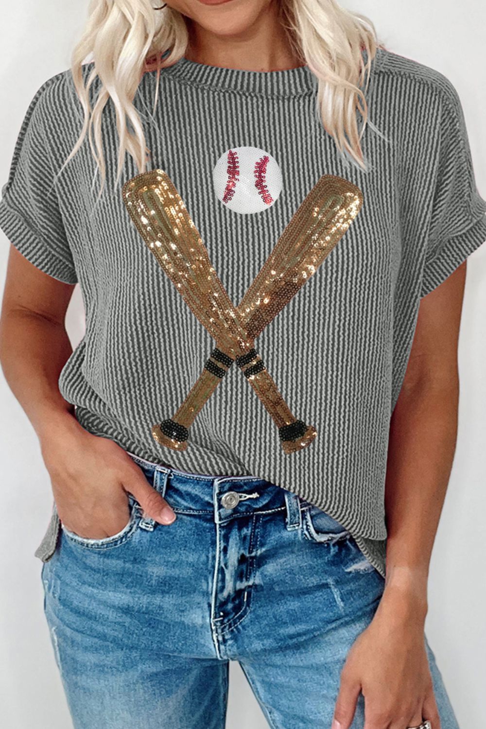 Sequin Baseball Round Neck Short Sleeve T-Shirt - Kristi Pierce Designs