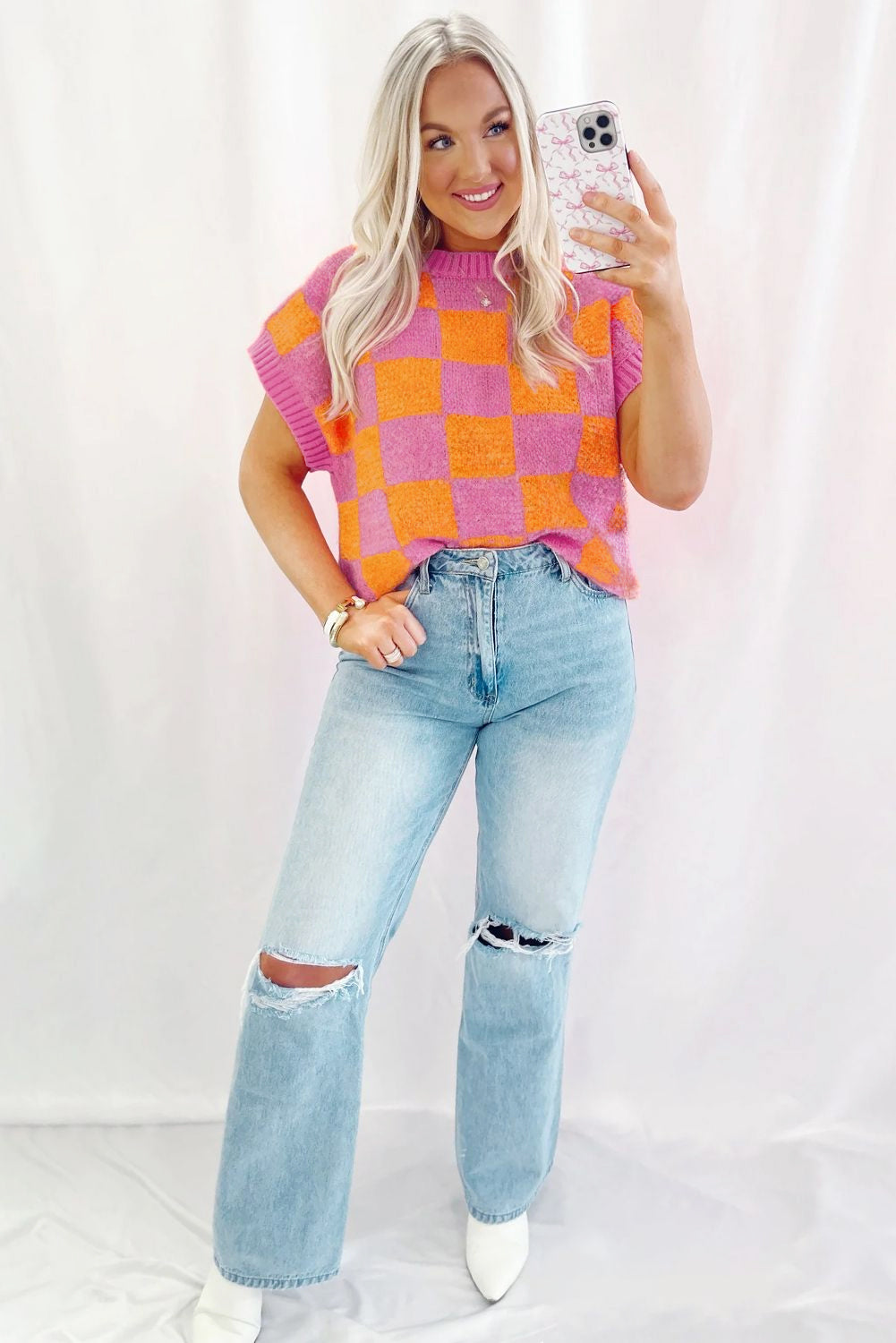 Sachet Pink Colorblock Checkered Knit Dolman Tee
