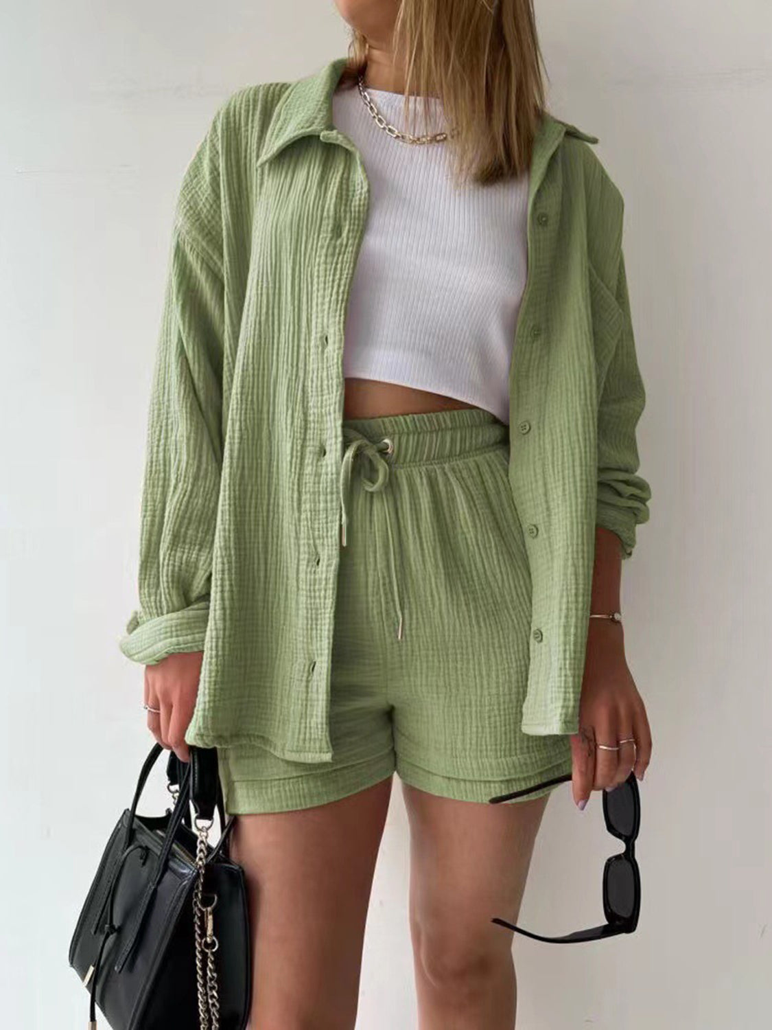 Texture Button Up Shirt and Drawstring Shorts Set - Kristi Pierce Designs