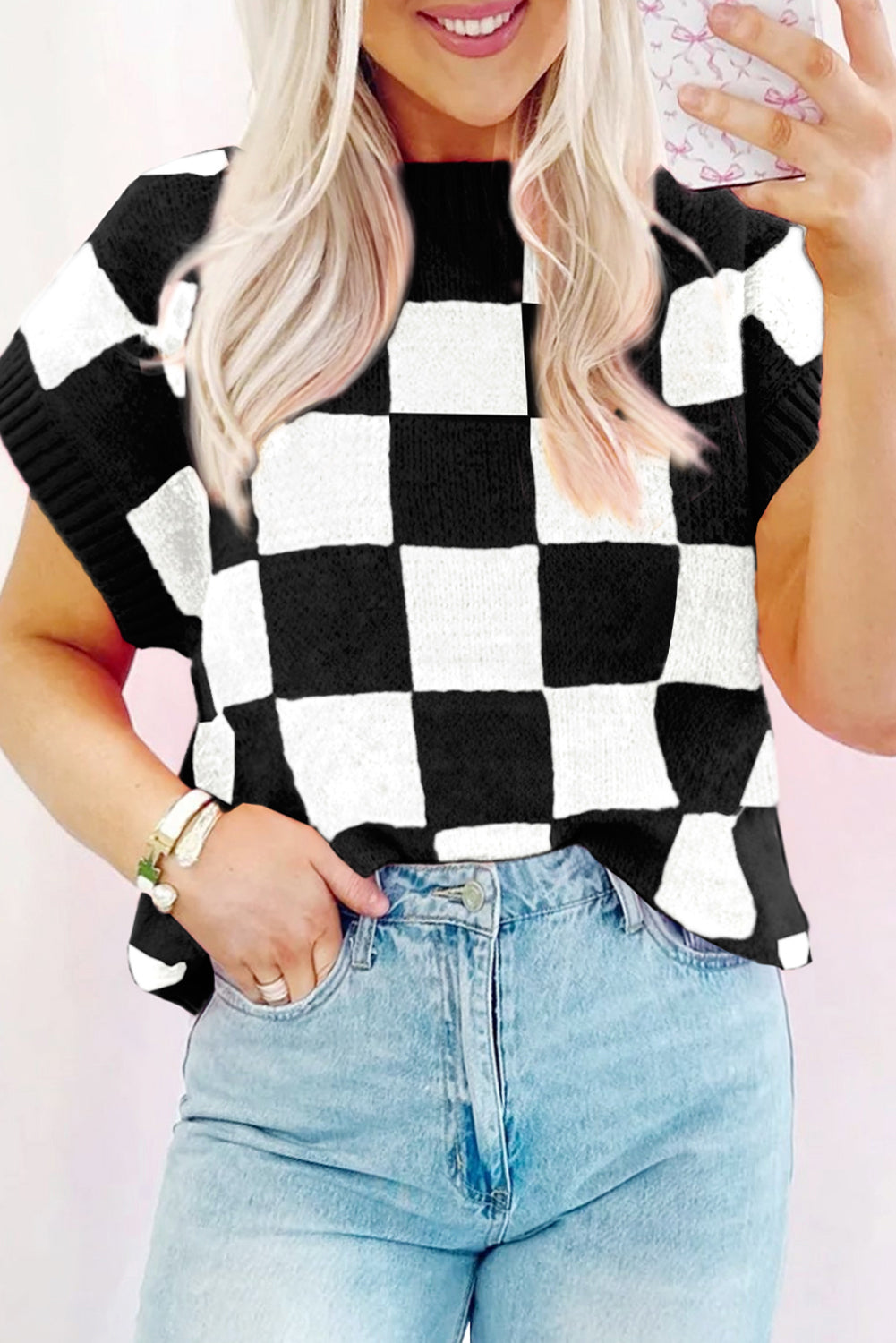 Sachet Pink Colorblock Checkered Knit Dolman Tee