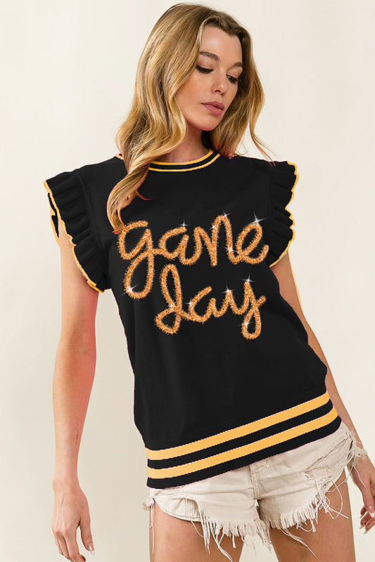 BiBi Game Day Letter Contrast Trim Ruffled Sleeveless Sweater - Kristi Pierce Designs