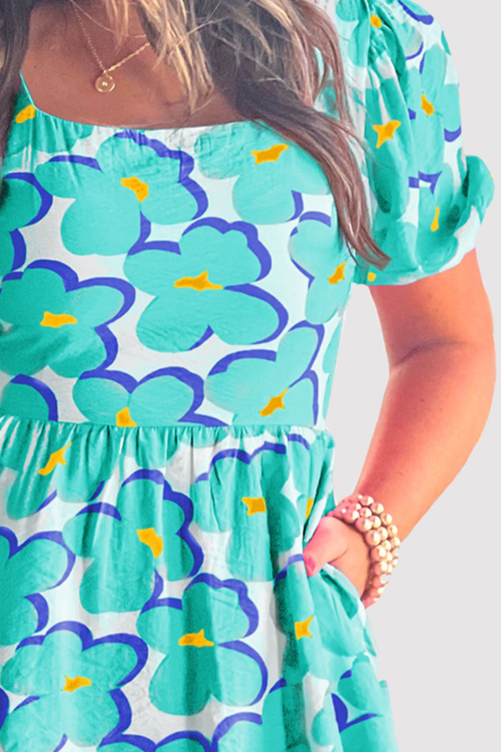 Printed Square Neck Short Sleeve Dress - Kristi Pierce Designs
