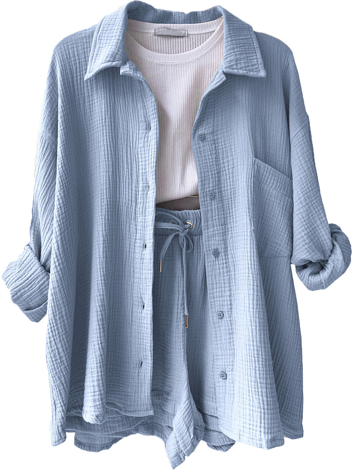 Texture Button Up Shirt and Drawstring Shorts Set - Kristi Pierce Designs