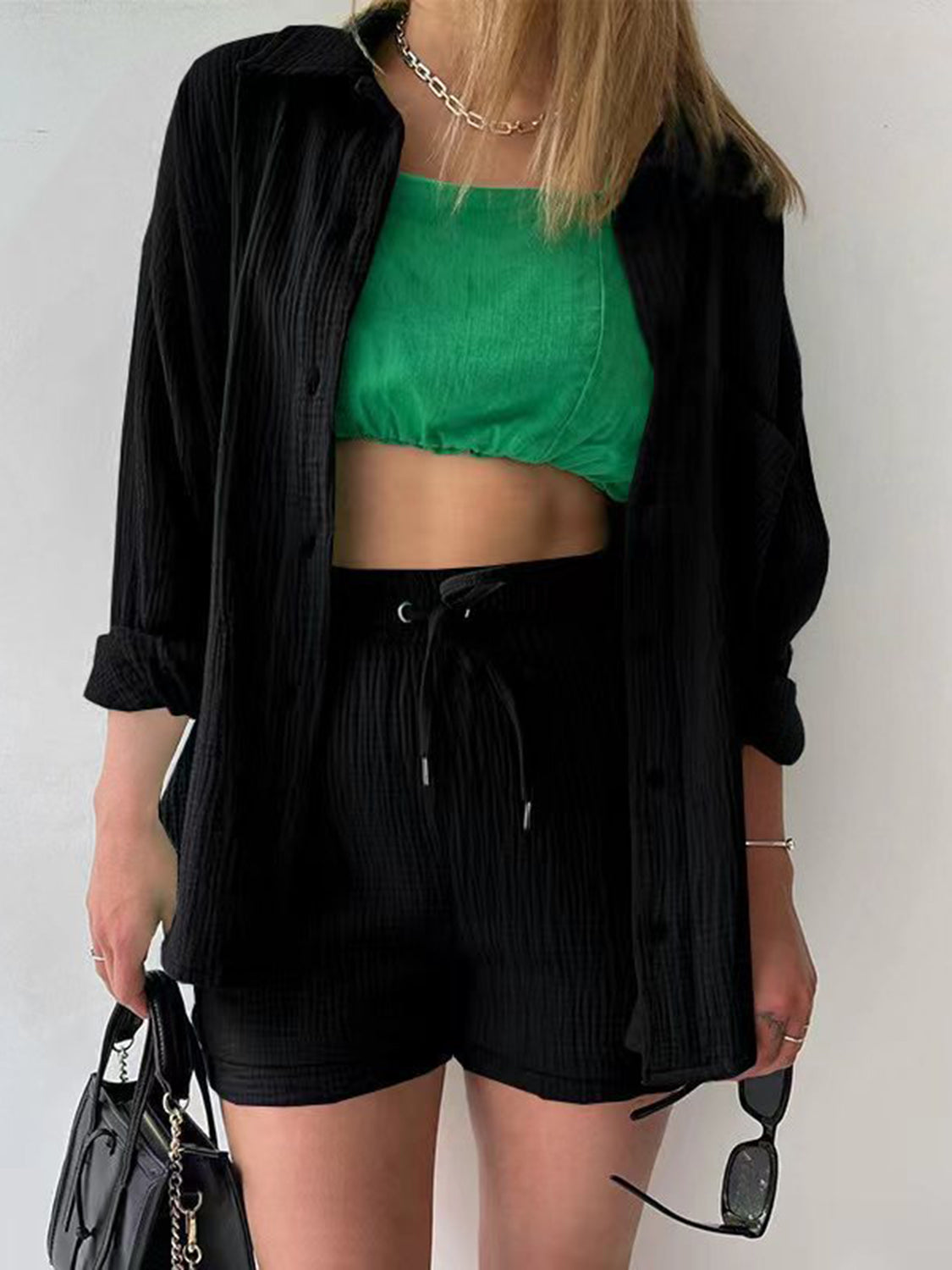 Texture Button Up Shirt and Drawstring Shorts Set - Kristi Pierce Designs