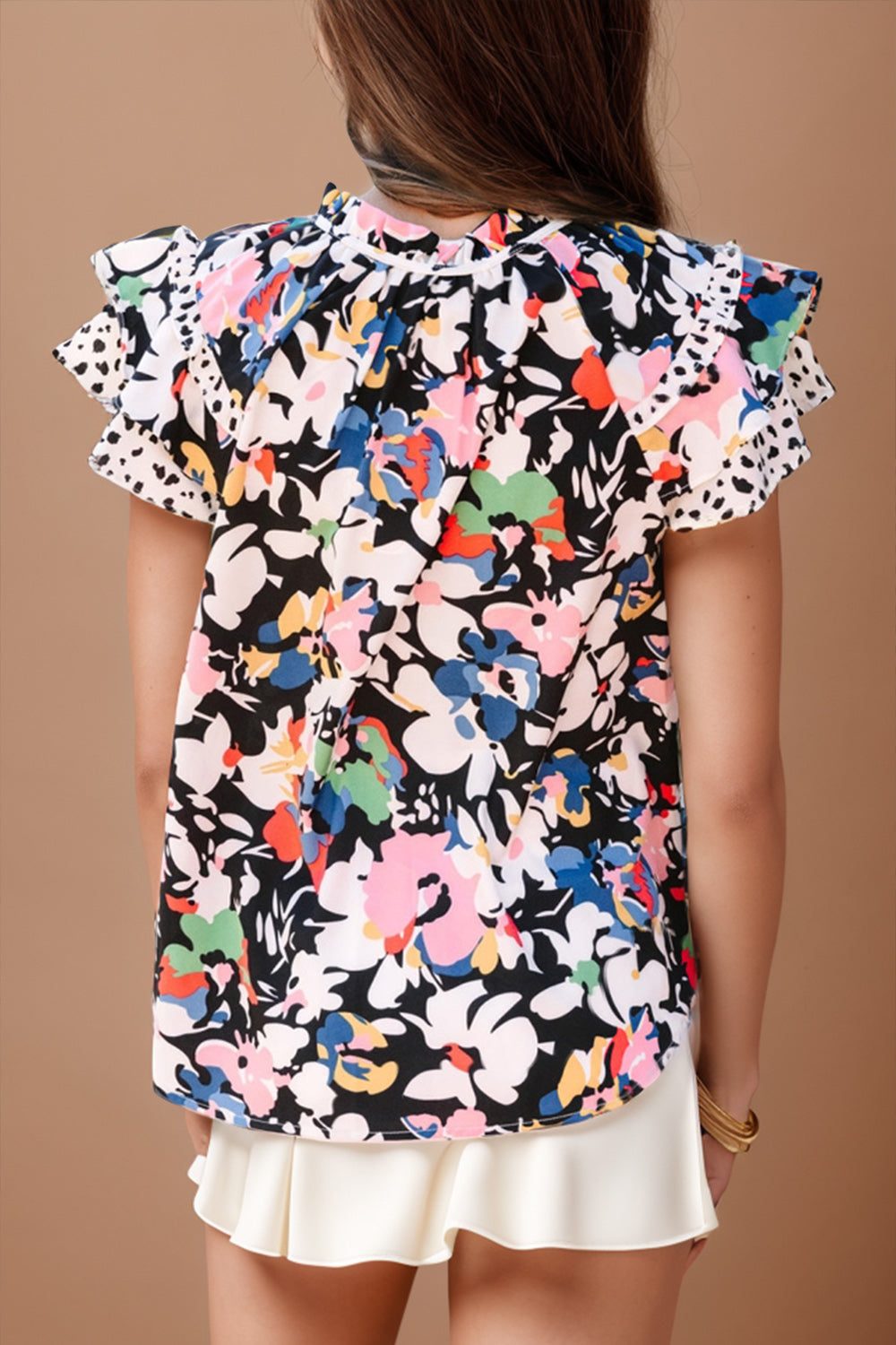 Ruffled Printed Tie Neck Cap Sleeve Blouse - Kristi Pierce Designs