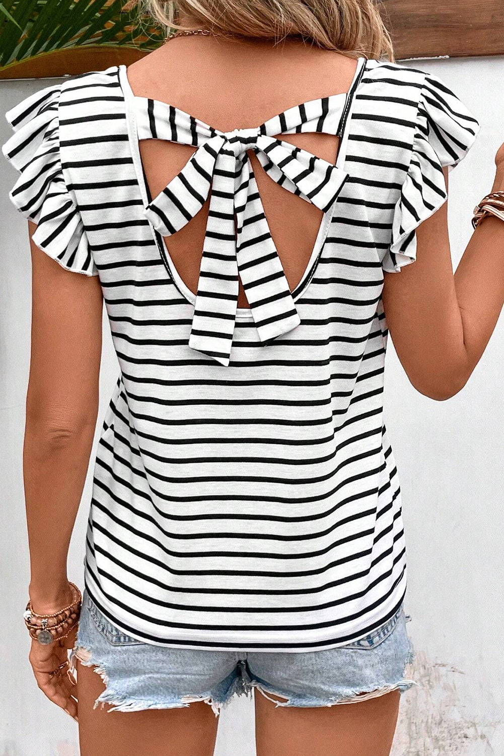 Tied Striped V-Neck Cap Sleeve T-Shirt - Kristi Pierce Designs