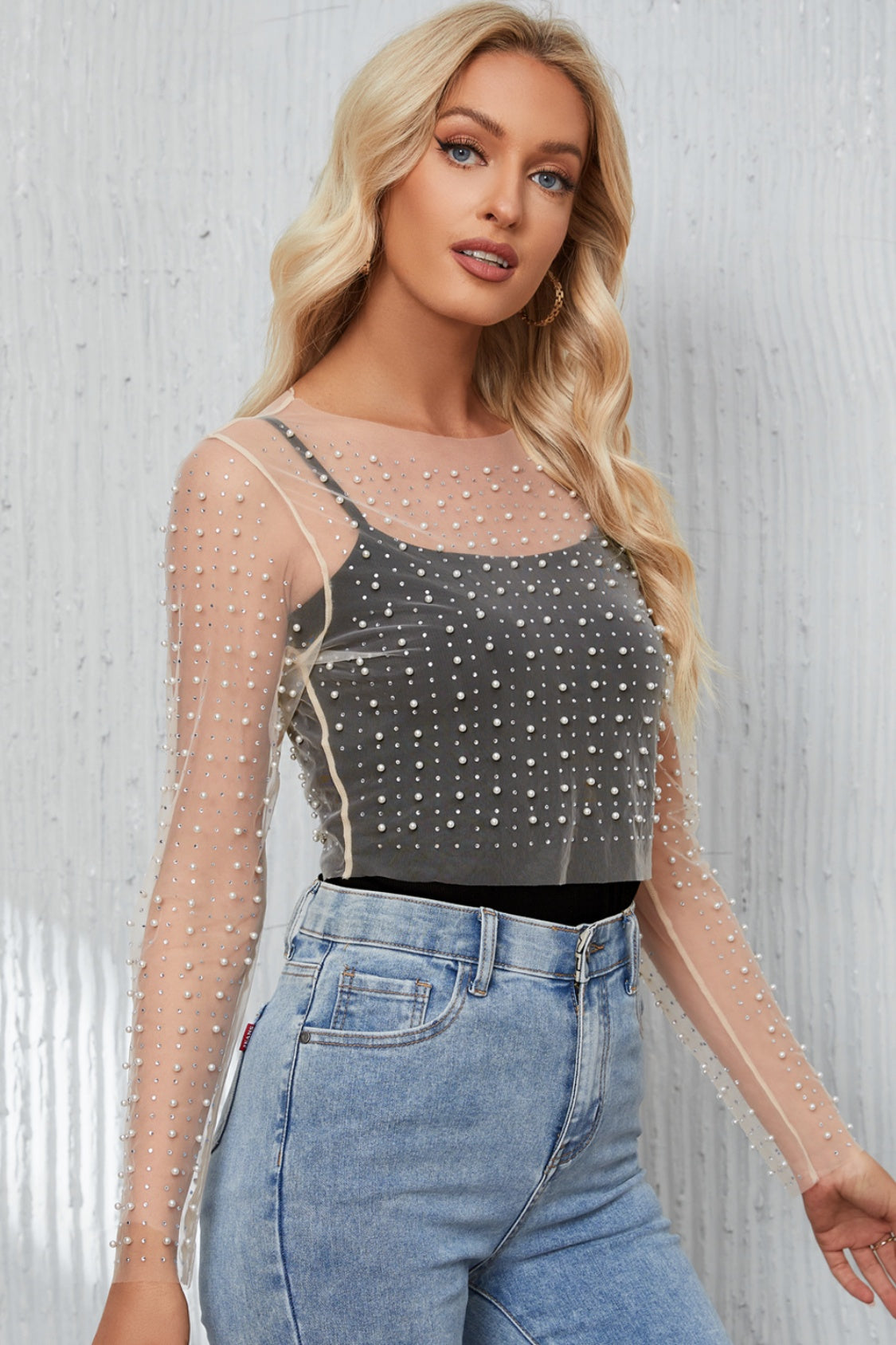 Pearl Long Sleeve Mesh Cropped Top - Kristi Pierce Designs