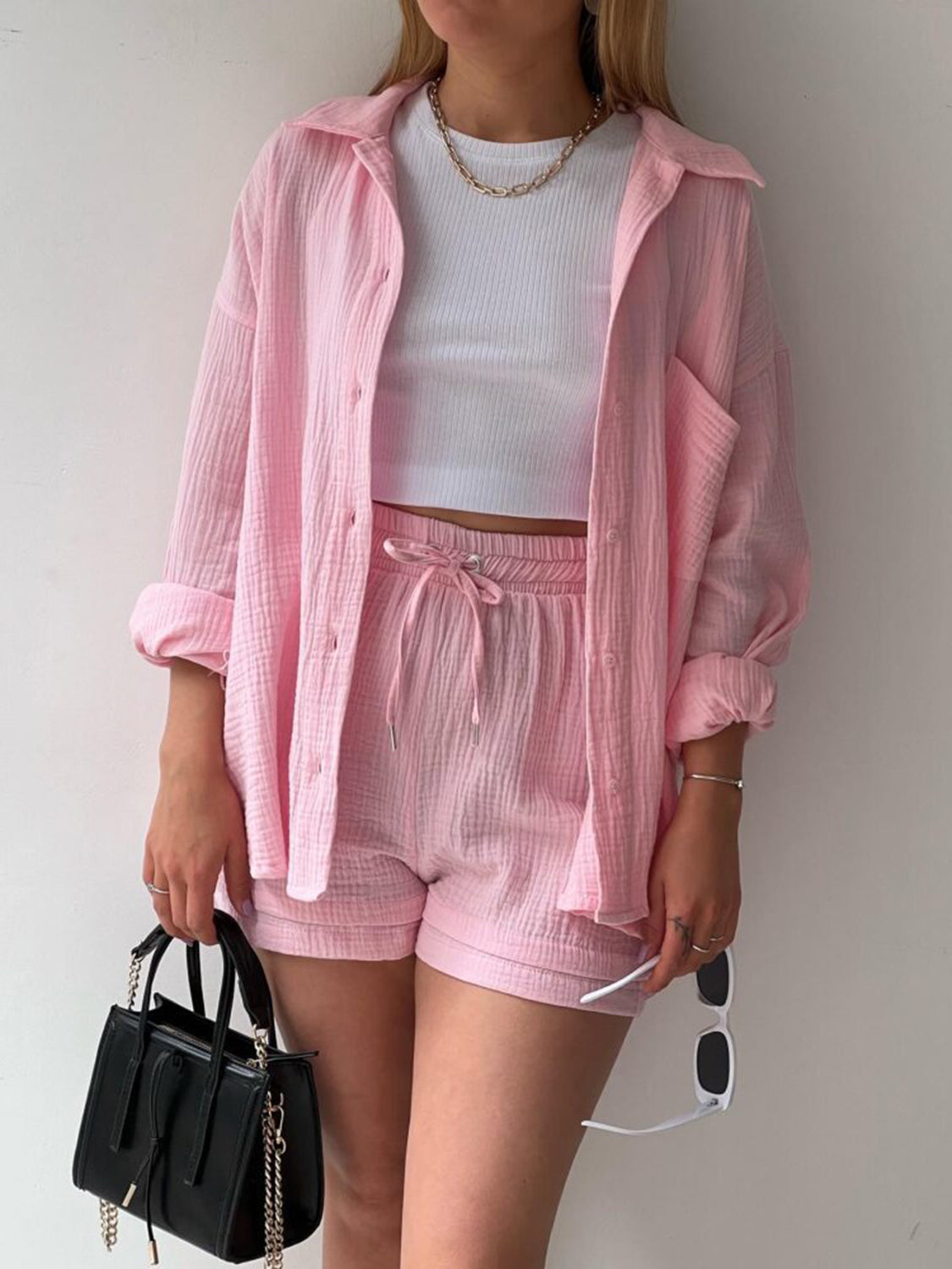 Texture Button Up Shirt and Drawstring Shorts Set - Kristi Pierce Designs