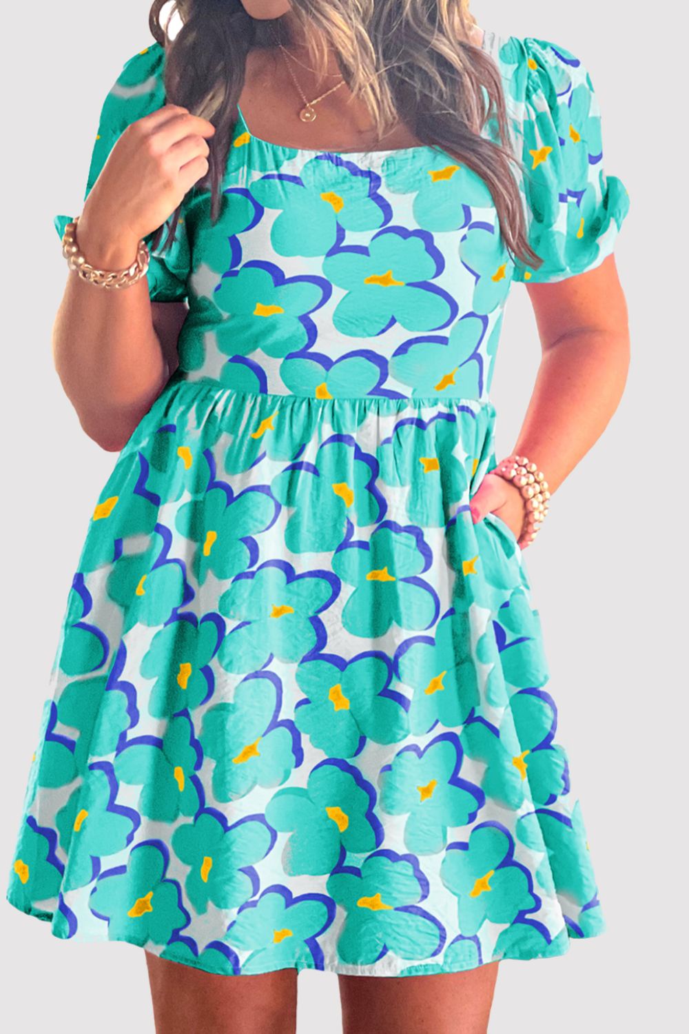 Printed Square Neck Short Sleeve Dress - Kristi Pierce Designs