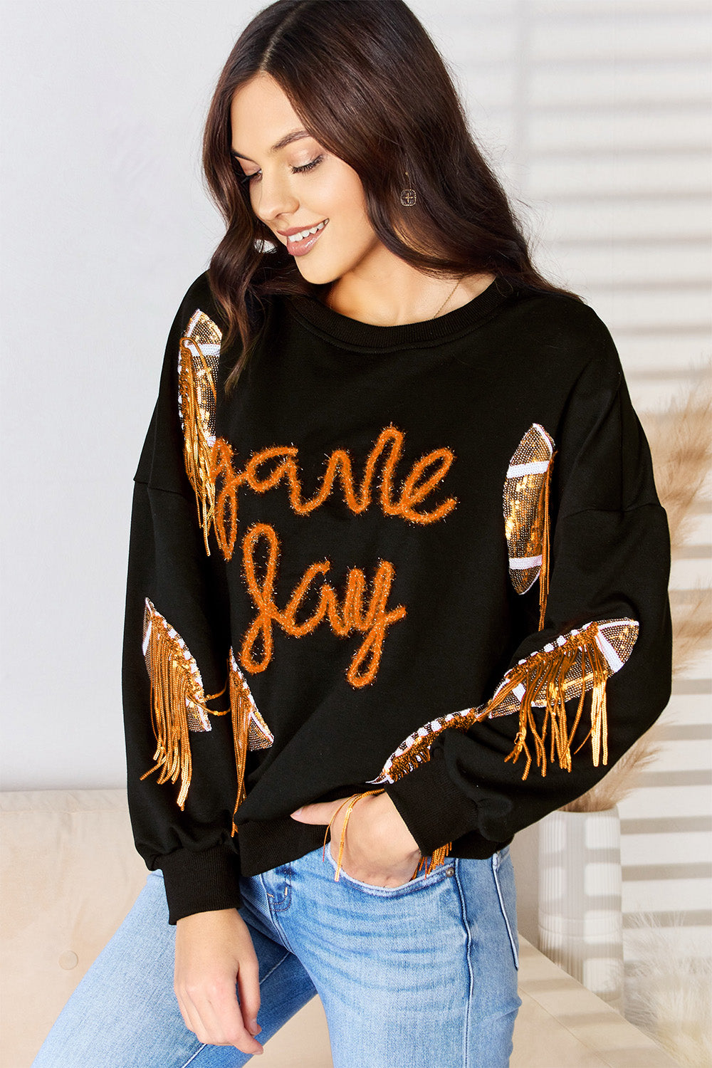 Football Sequin Round Neck Sweatshirt - Kristi Pierce Designs