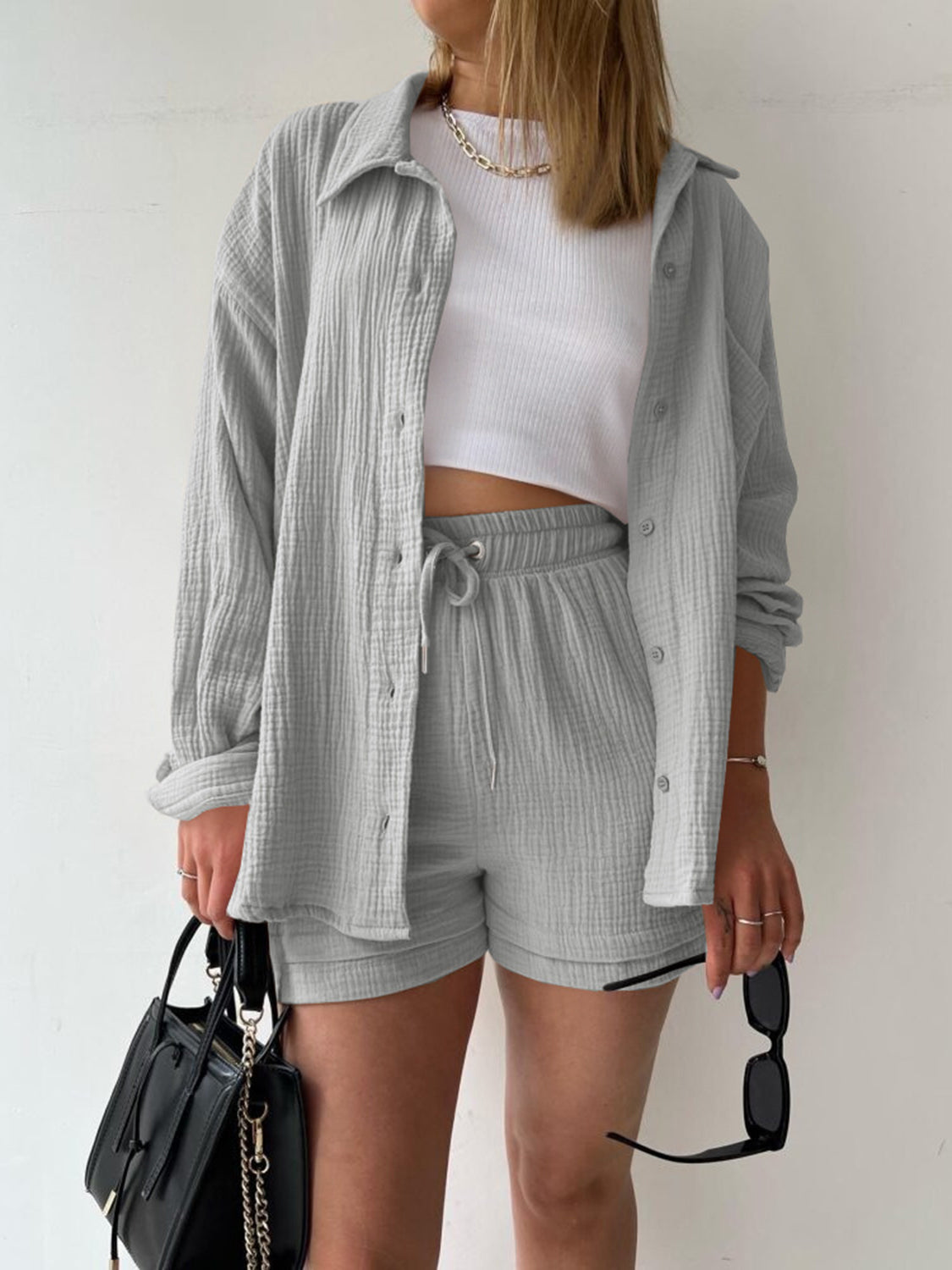 Texture Button Up Shirt and Drawstring Shorts Set - Kristi Pierce Designs