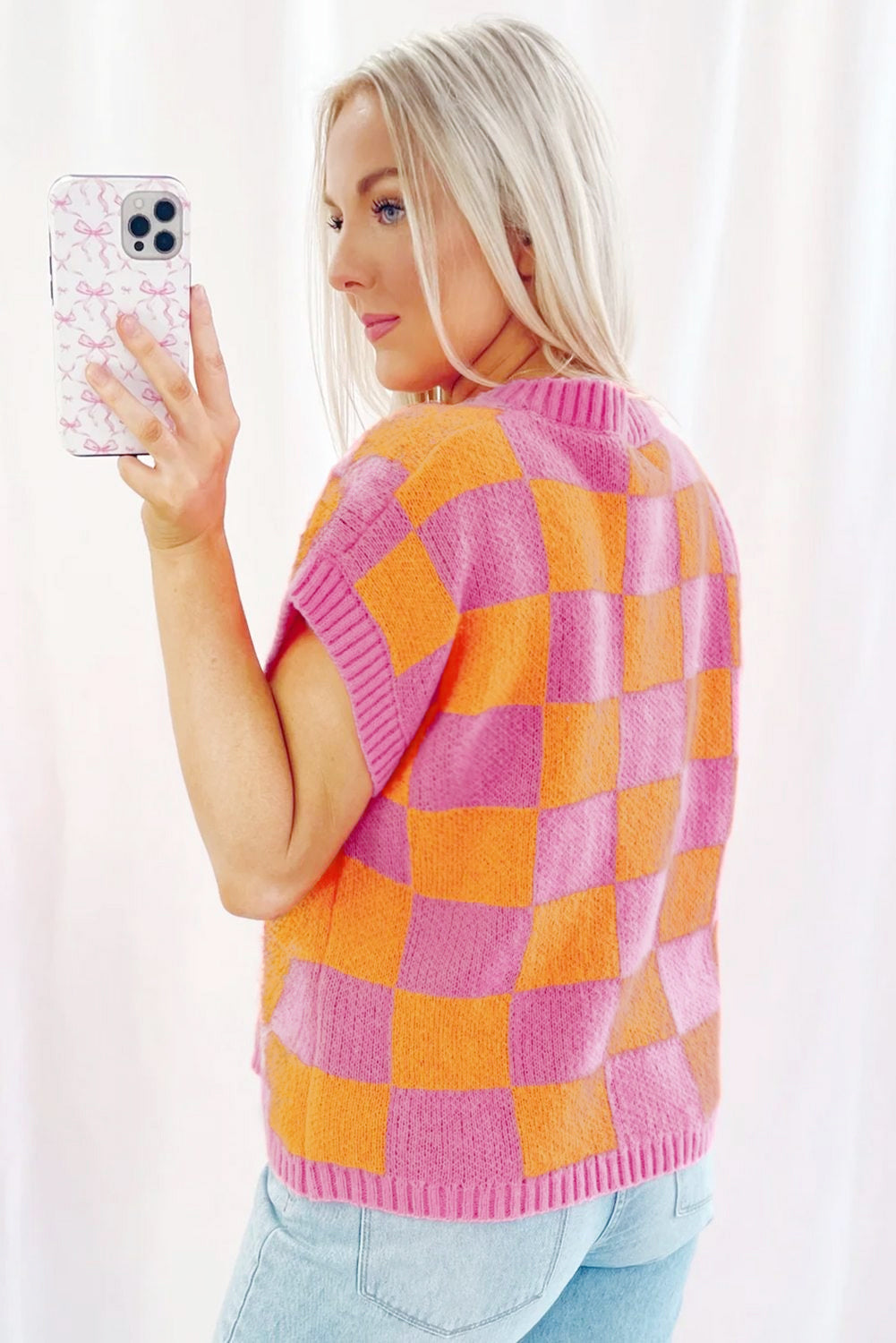 Sachet Pink Colorblock Checkered Knit Dolman Tee