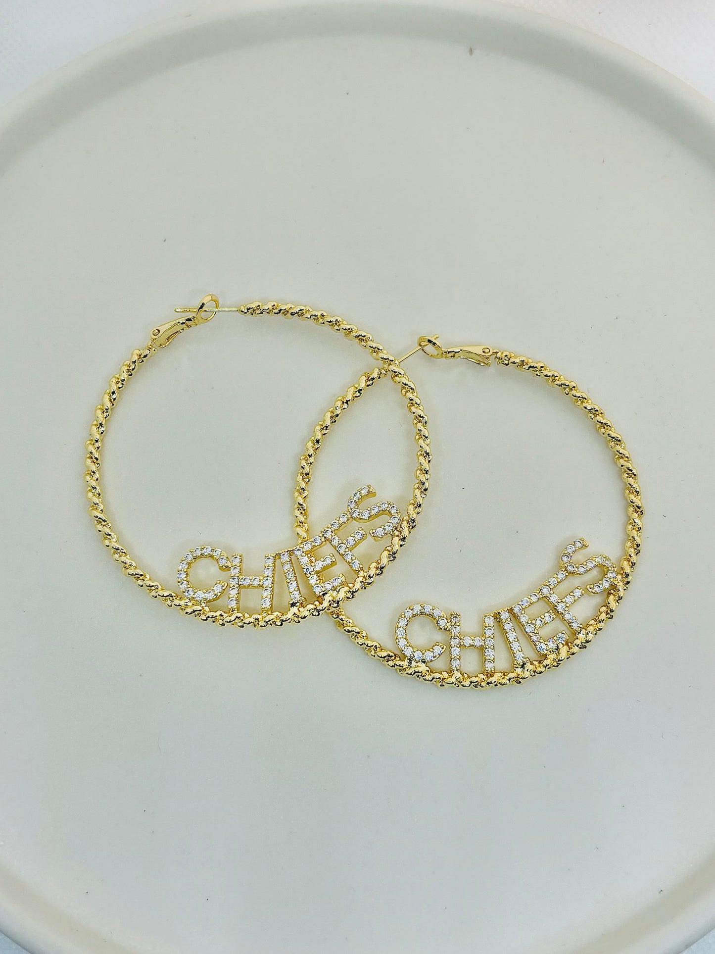 Kansas City "Chiefs" Cubic Zirconia Twisted Hoop Earrings, 60mm - Kristi Pierce Designs