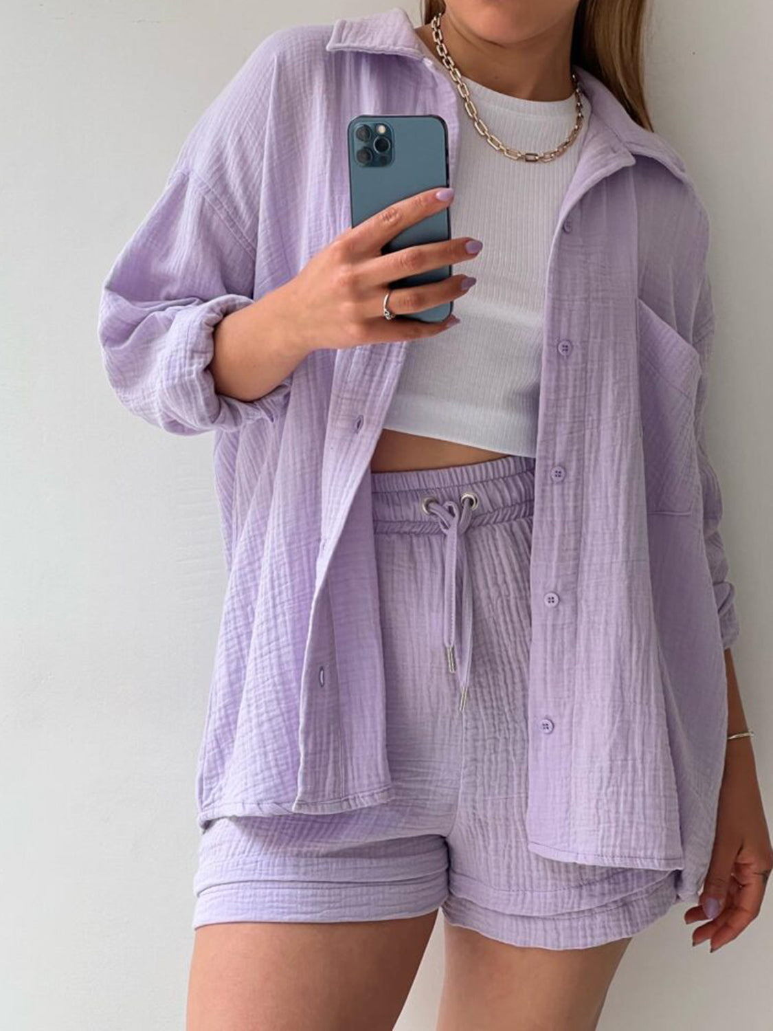 Texture Button Up Shirt and Drawstring Shorts Set - Kristi Pierce Designs