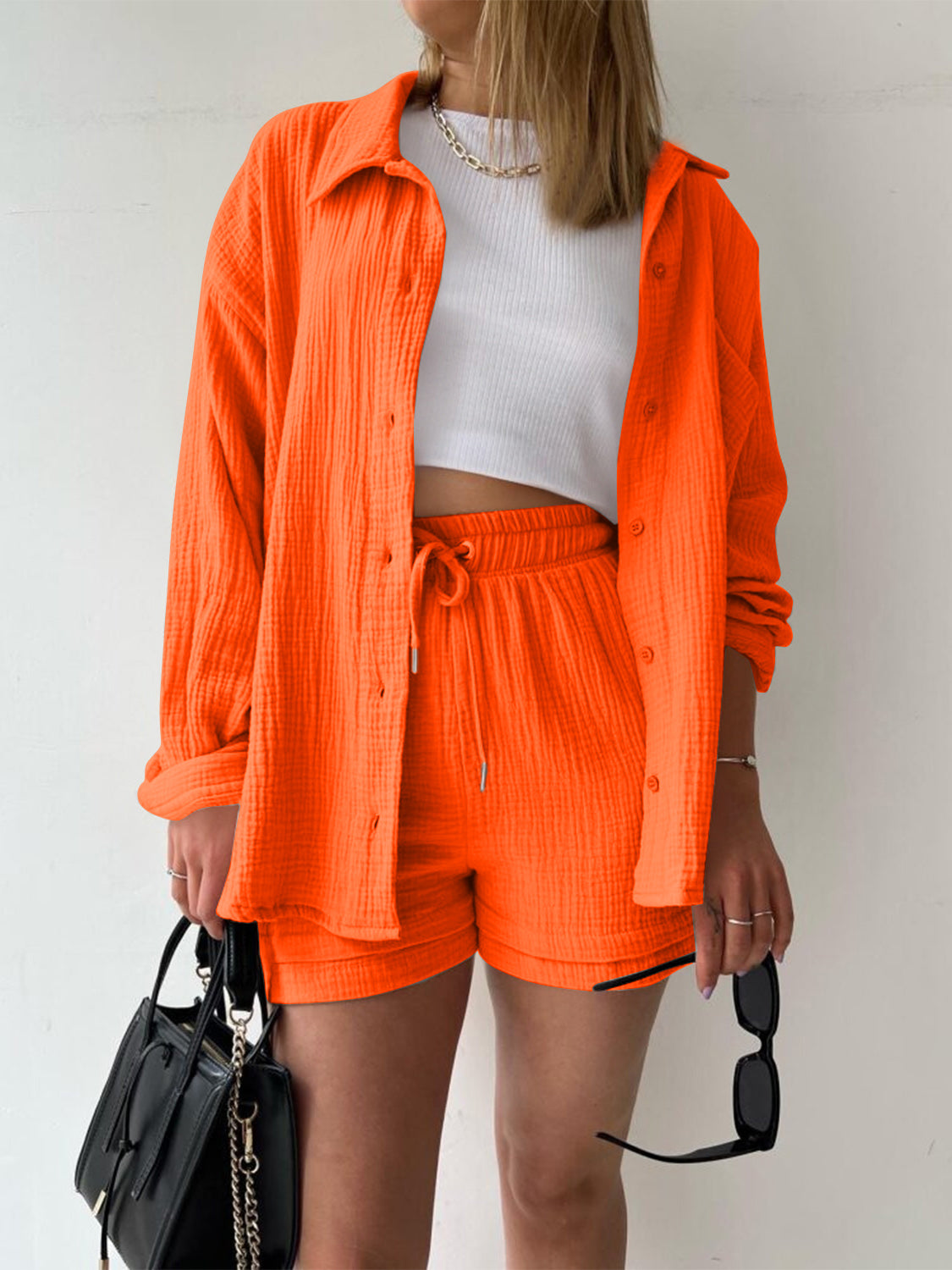 Texture Button Up Shirt and Drawstring Shorts Set - Kristi Pierce Designs