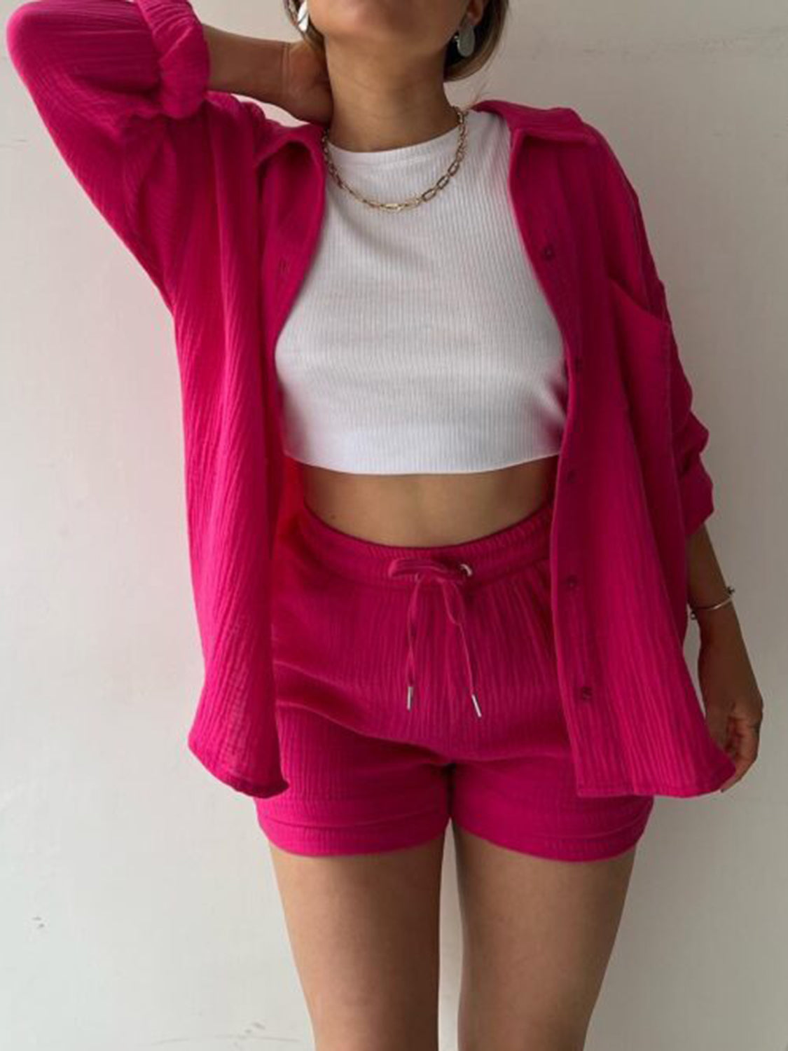 Texture Button Up Shirt and Drawstring Shorts Set - Kristi Pierce Designs