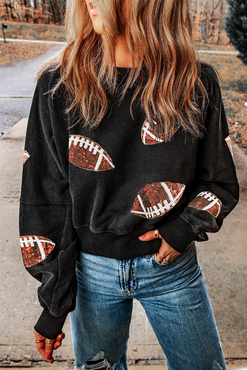 Sequin Football Patch Open Back Sweatshirt - Kristi Pierce Designs