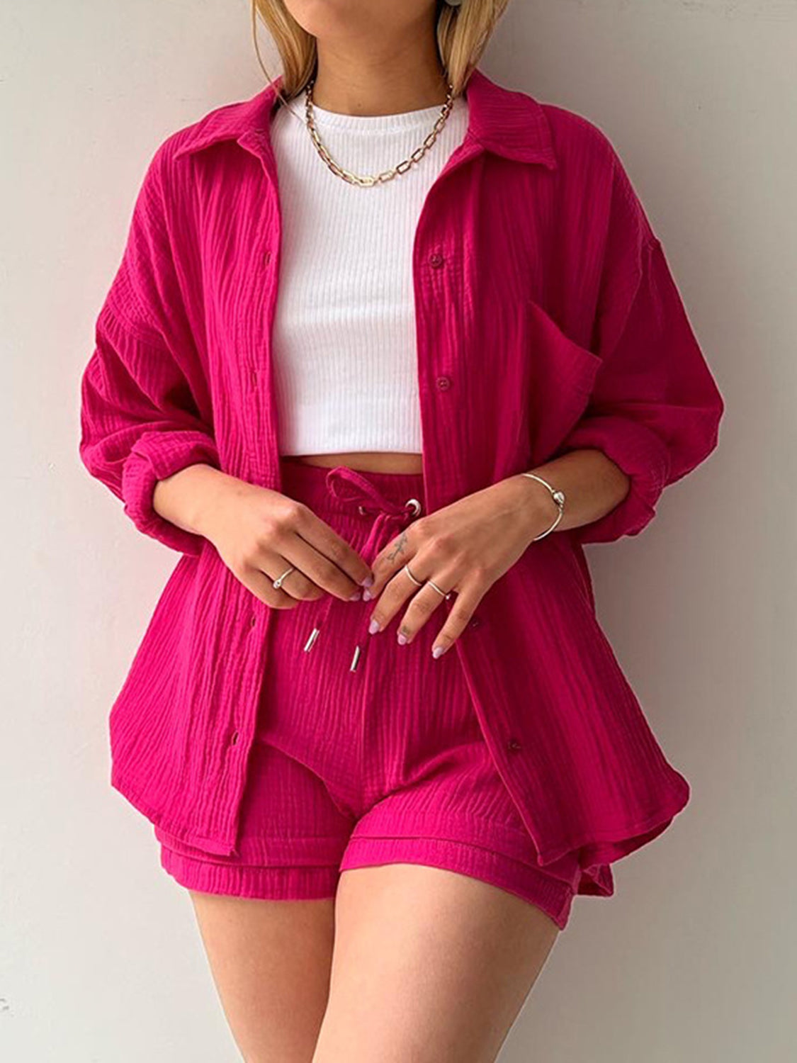 Texture Button Up Shirt and Drawstring Shorts Set - Kristi Pierce Designs