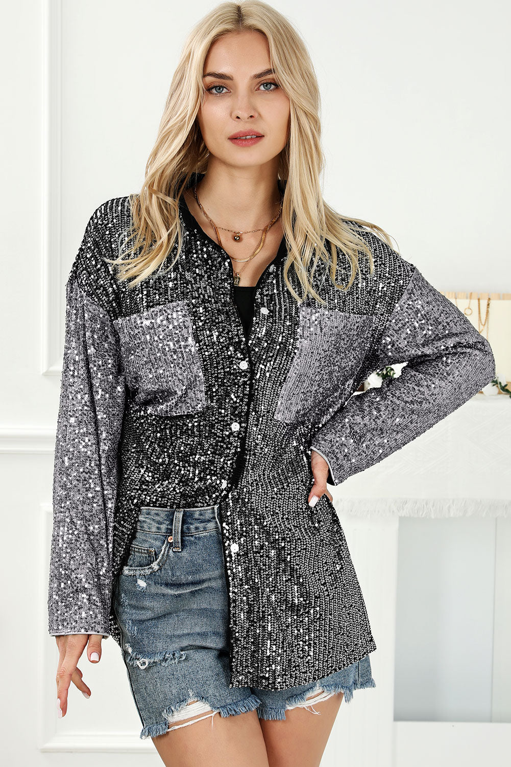 Sequin Button Up Collared Neck Shirt - Kristi Pierce Designs