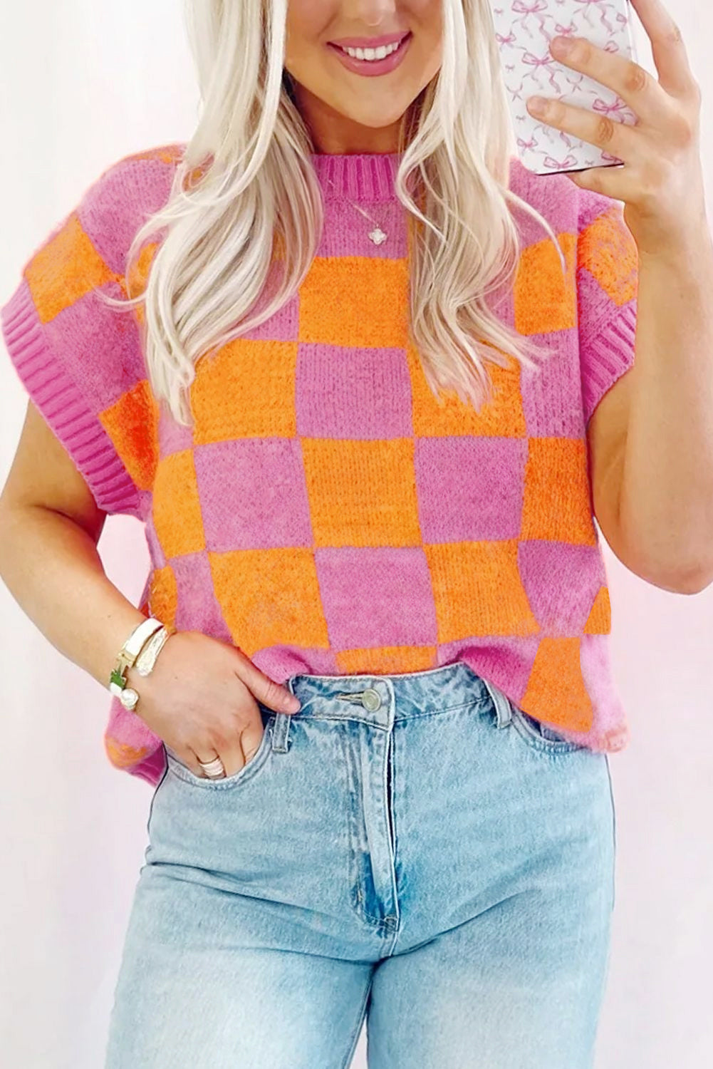 Sachet Pink Colorblock Checkered Knit Dolman Tee