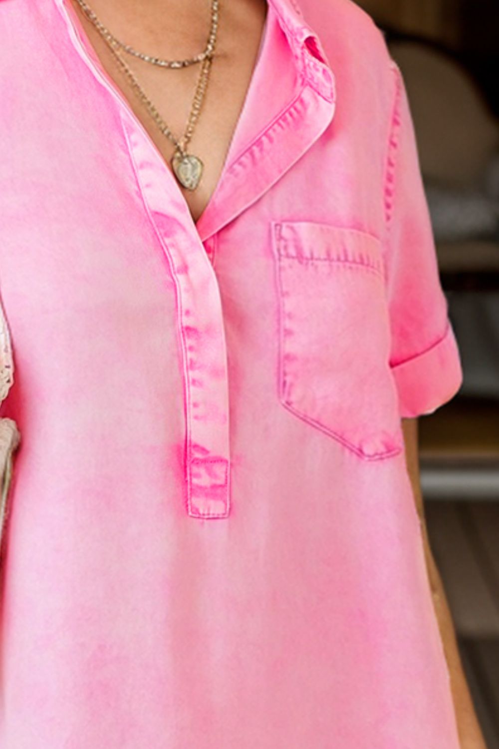 Pocketed Collared Neck Short Sleeve Denim Dress - Kristi Pierce Designs