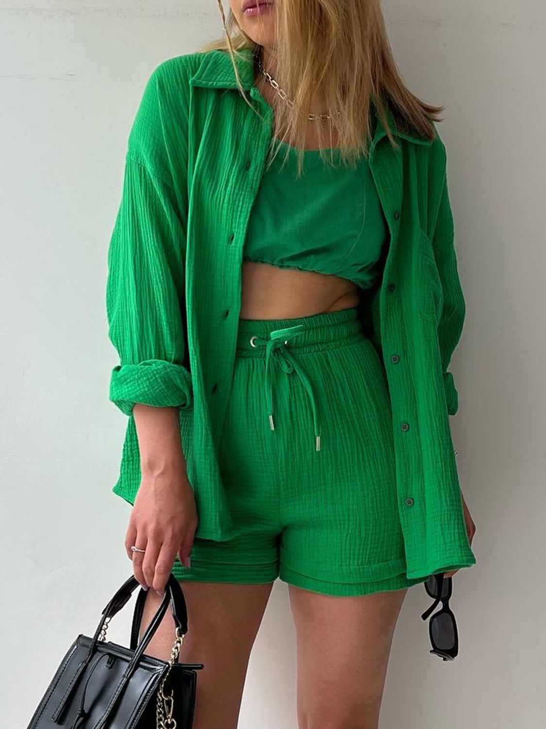 Texture Button Up Shirt and Drawstring Shorts Set - Kristi Pierce Designs