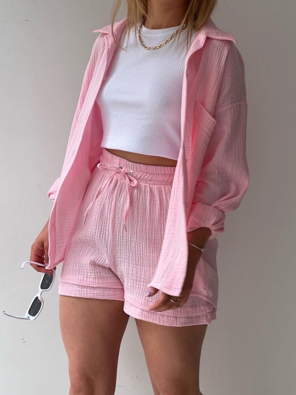 Texture Button Up Shirt and Drawstring Shorts Set - Kristi Pierce Designs
