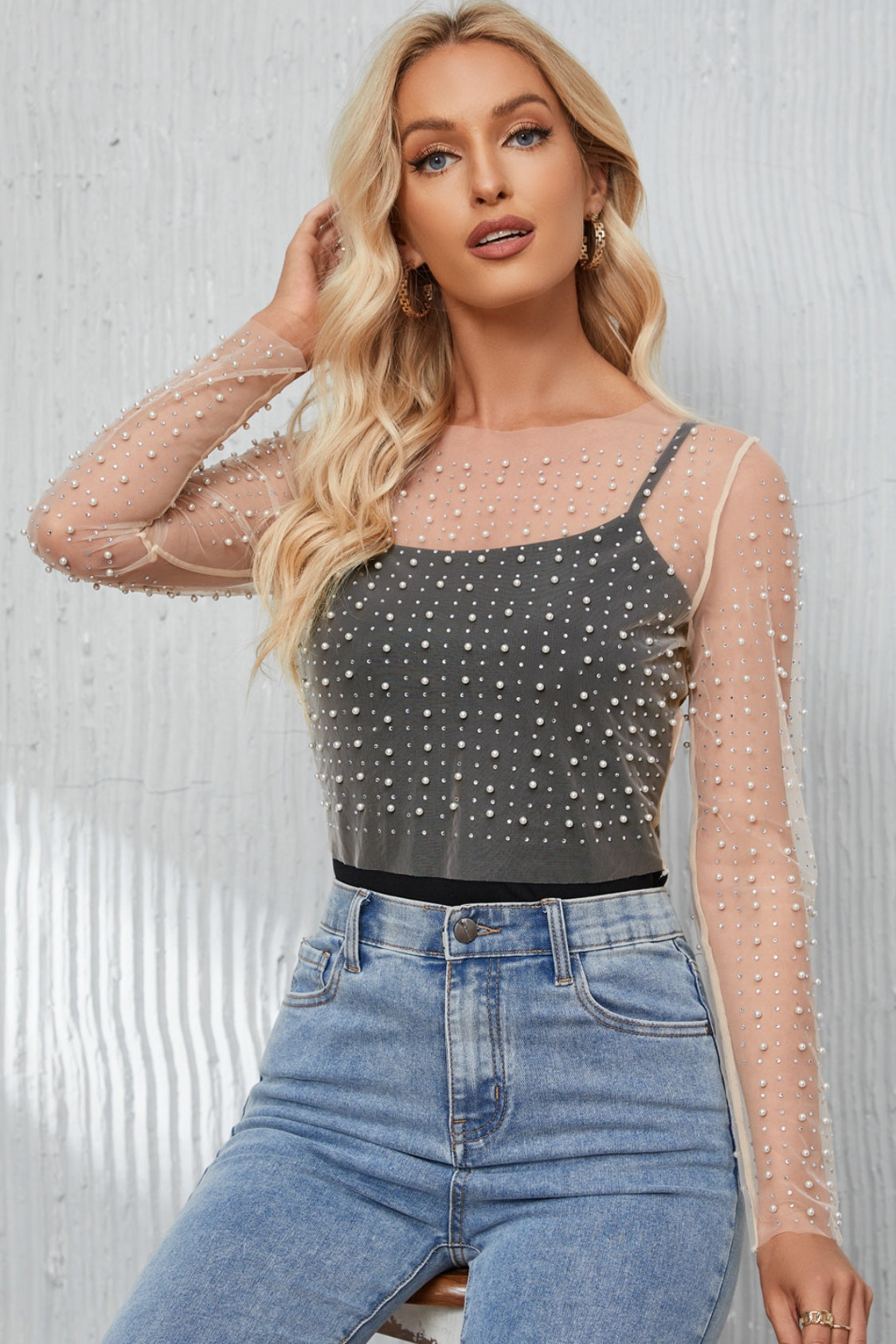 Pearl Long Sleeve Mesh Cropped Top - Kristi Pierce Designs