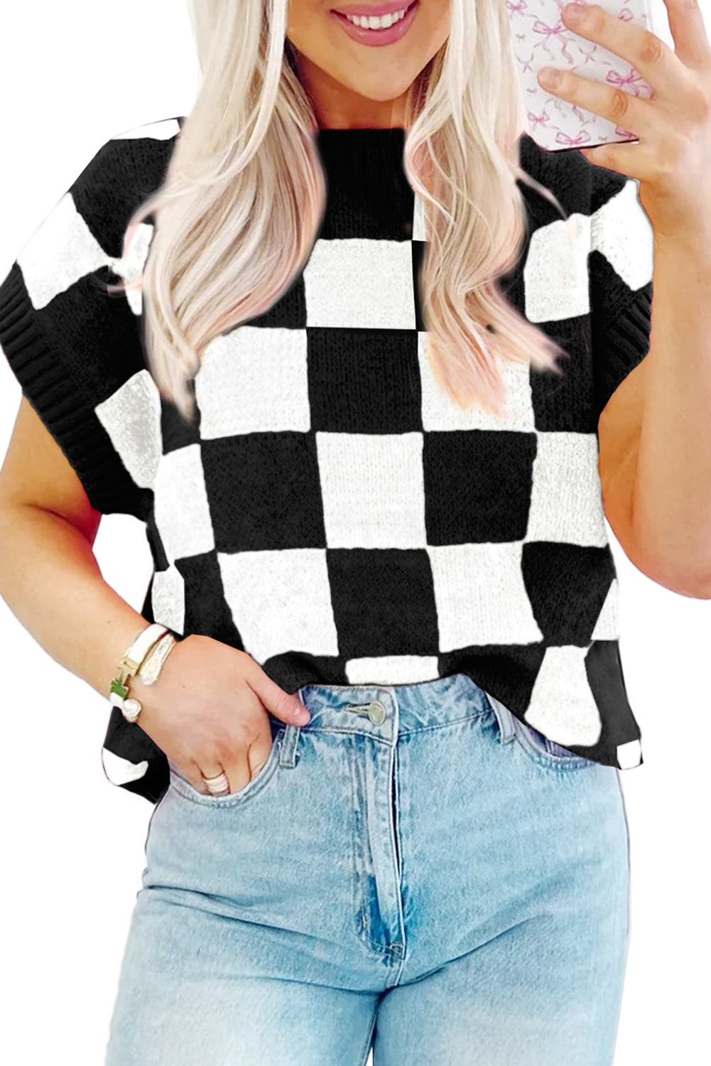 Sachet Pink Colorblock Checkered Knit Dolman Tee