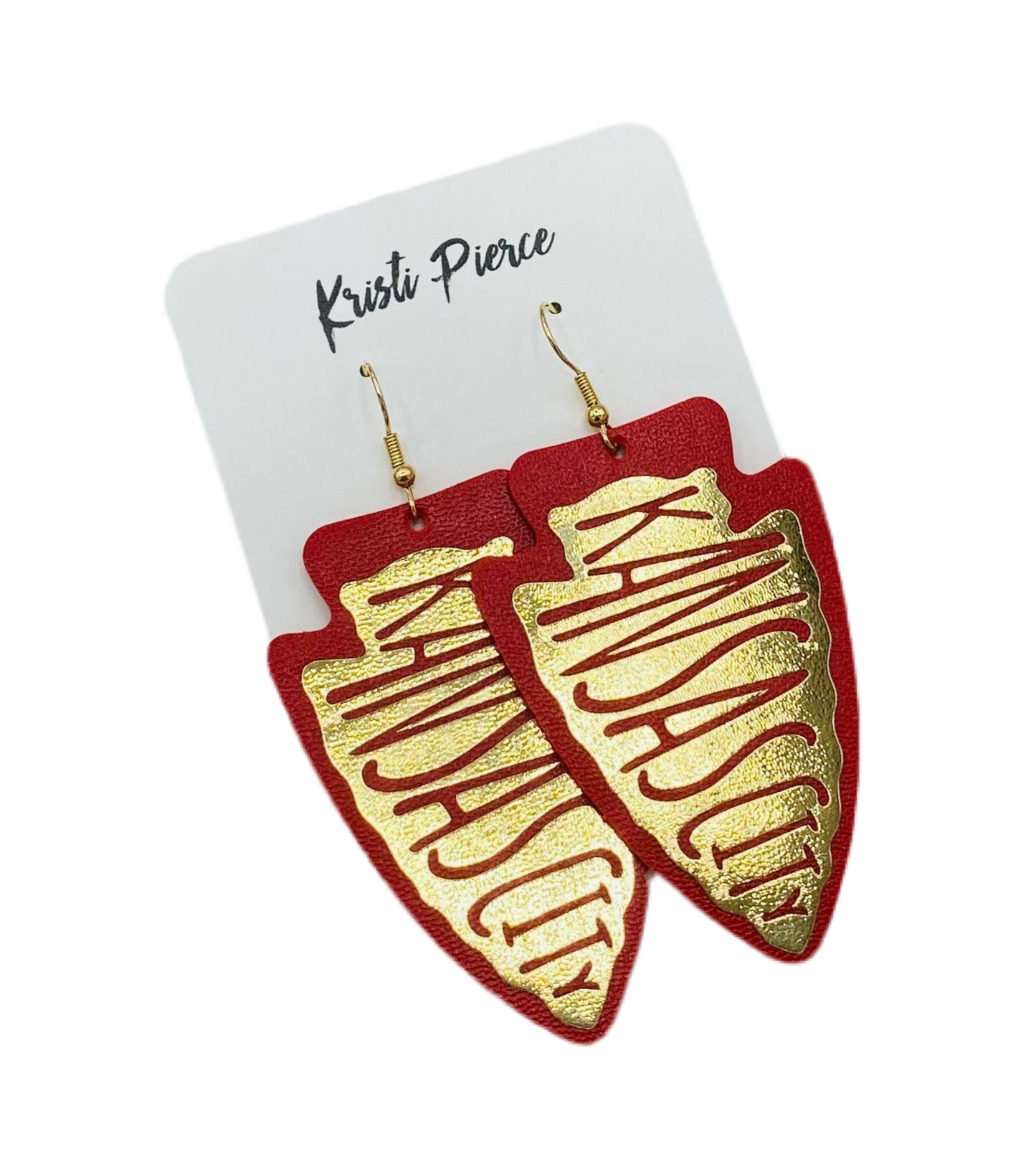 Kansas City Chiefs Red Faux Leather Arrowhead Earrings with Metallic Gold Vinyl