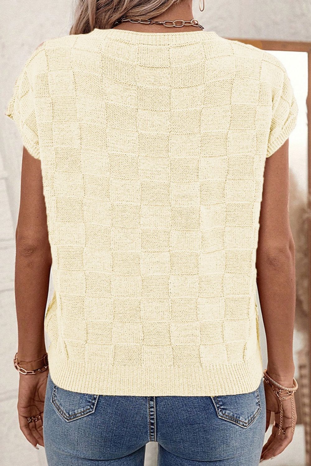 Pocketed Checkered Round Neck Knit Top - Kristi Pierce Designs