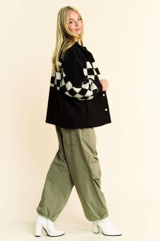 Davi & Dani Full Size Checkered Snap Down Faux Fur Jacket - Kristi Pierce Designs