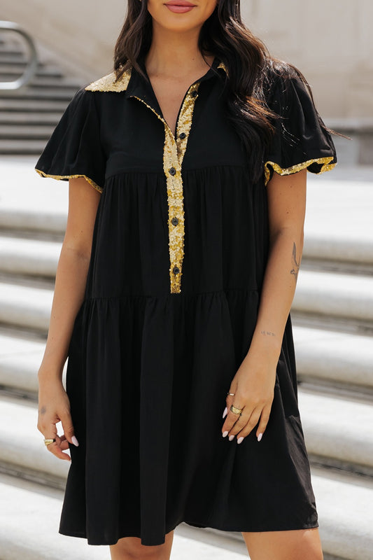 Sequin Half Button Short Sleeve Dress - Kristi Pierce Designs