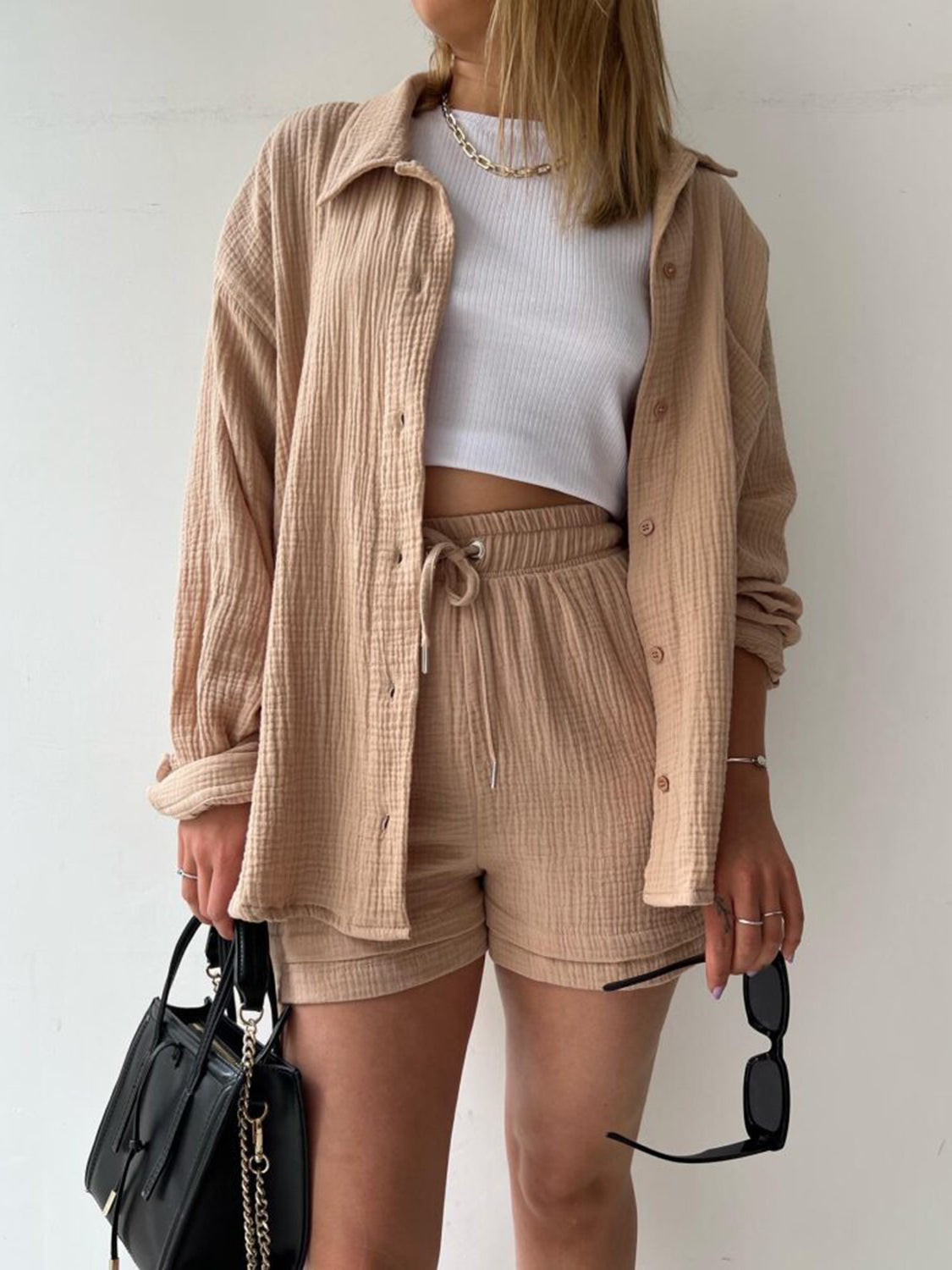 Texture Button Up Shirt and Drawstring Shorts Set - Kristi Pierce Designs