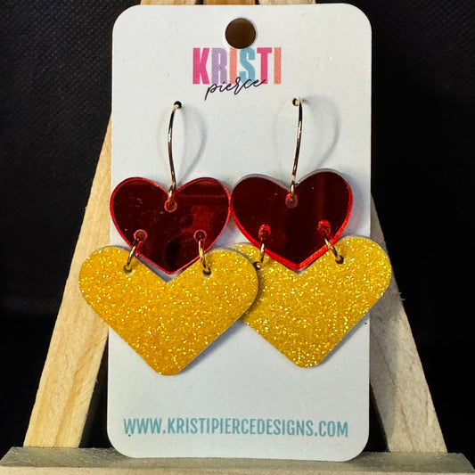 Red & Yellow Mirrored Acrylic & Leather Heart Earrings - Kristi Pierce Designs