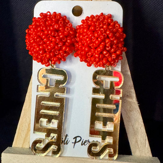 Red Beaded Poms & Gold Acrylic CHIEFS Earrings - Kristi Pierce Designs