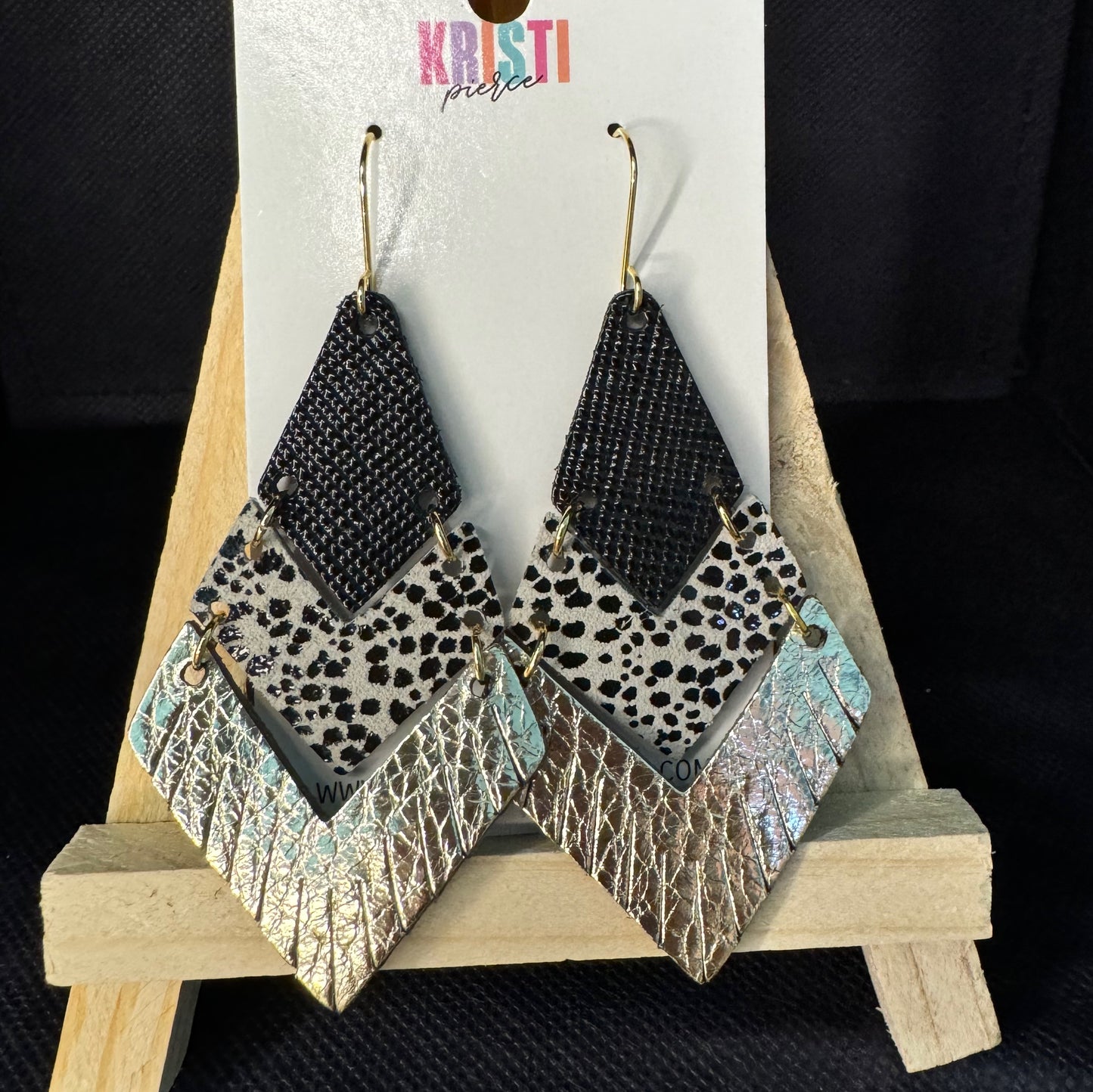 Black Gold and Leopard Print Leather Dangle Earrings