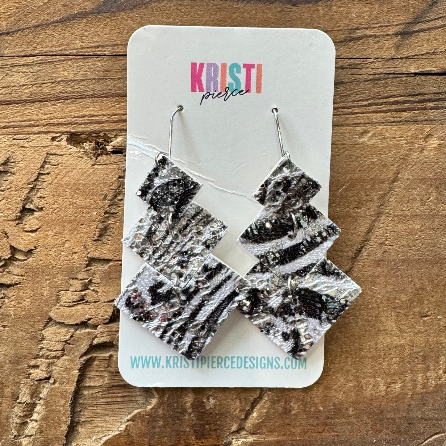 Black & White Animal Print & Glitter Leather Earrings - Kristi Pierce Designs