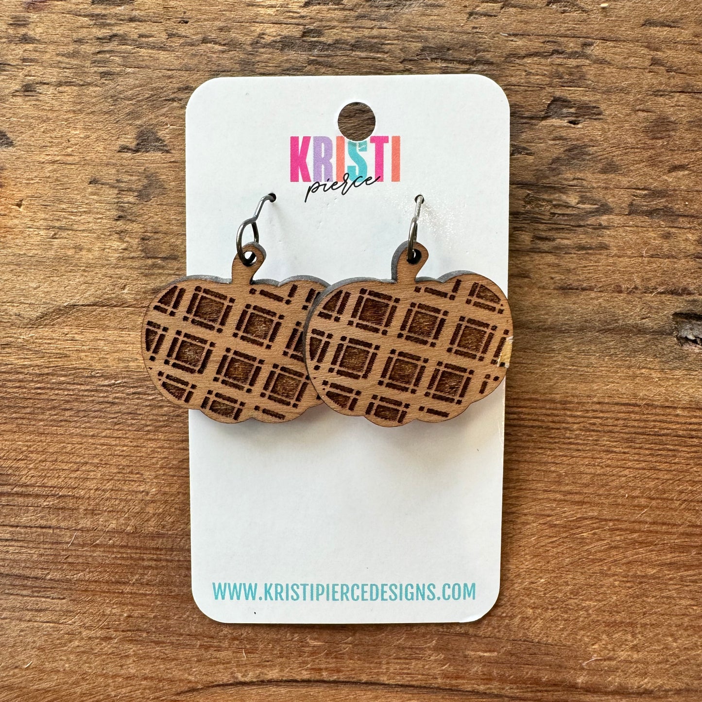 Lattice Print Wood Pumpkin Dangle Earrings