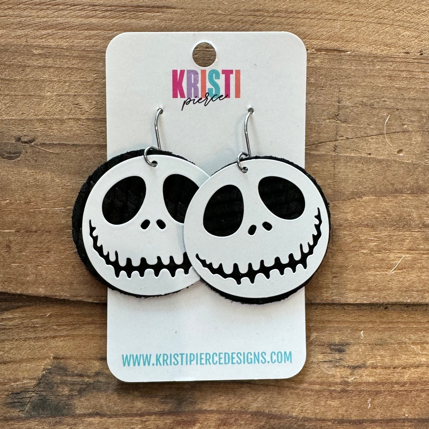 Nightmare before Christmas Inspired White Metal over Black Leather Dangle Earrings