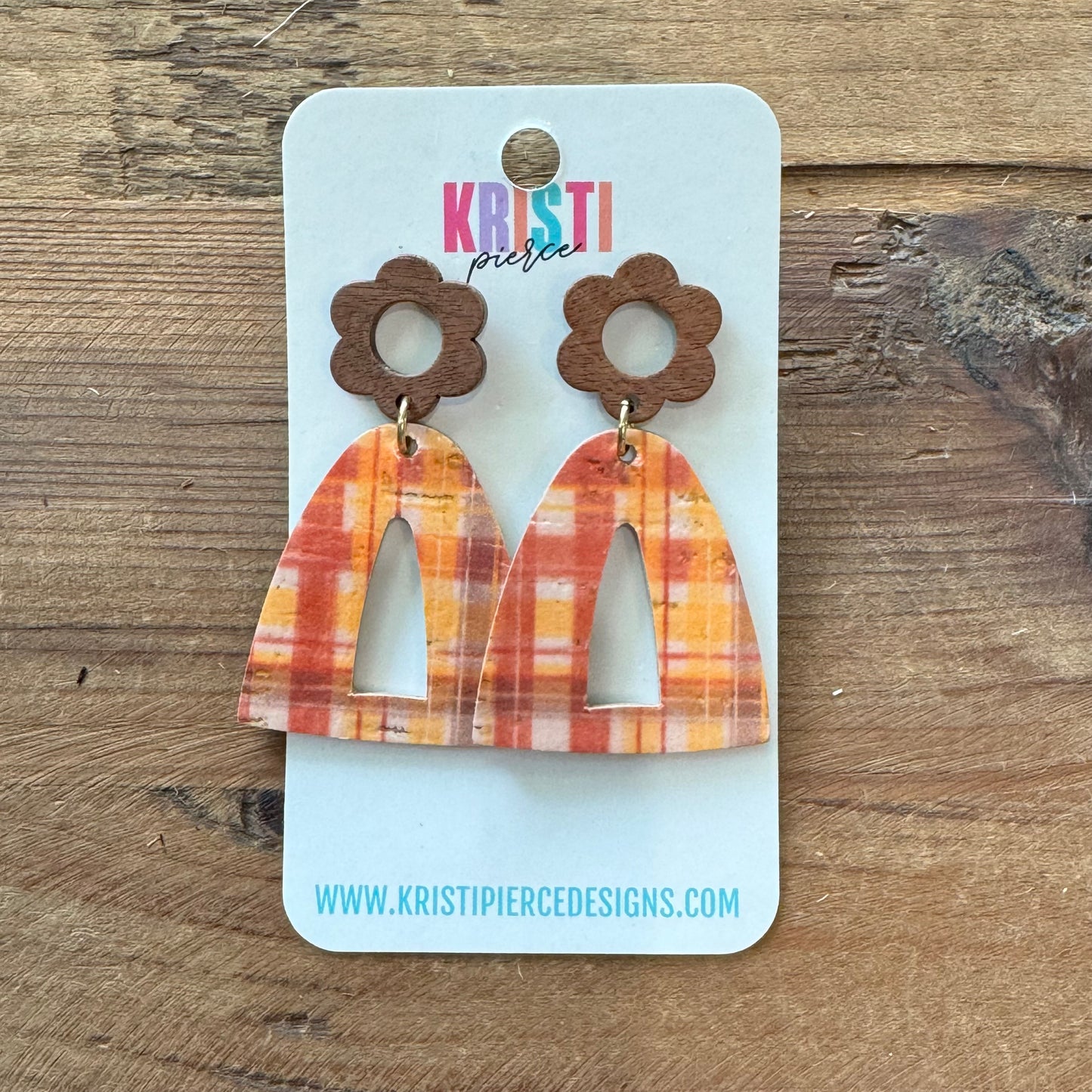 Orange & Yellow Plaid Triangles on Brown Wood Post Earrings