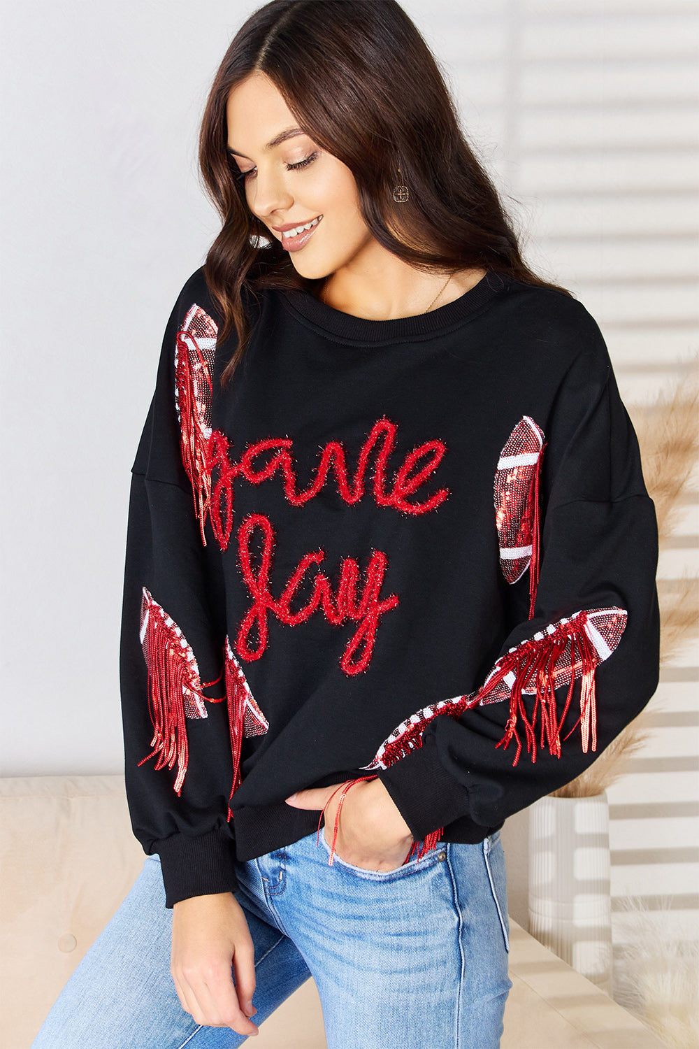 Football Sequin Round Neck Sweatshirt - Kristi Pierce Designs