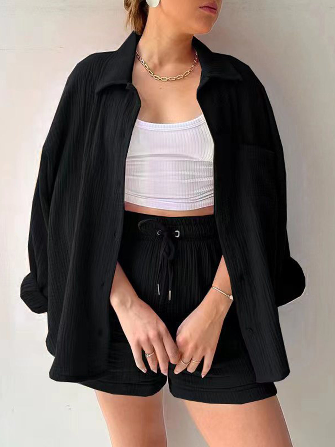 Texture Button Up Shirt and Drawstring Shorts Set - Kristi Pierce Designs