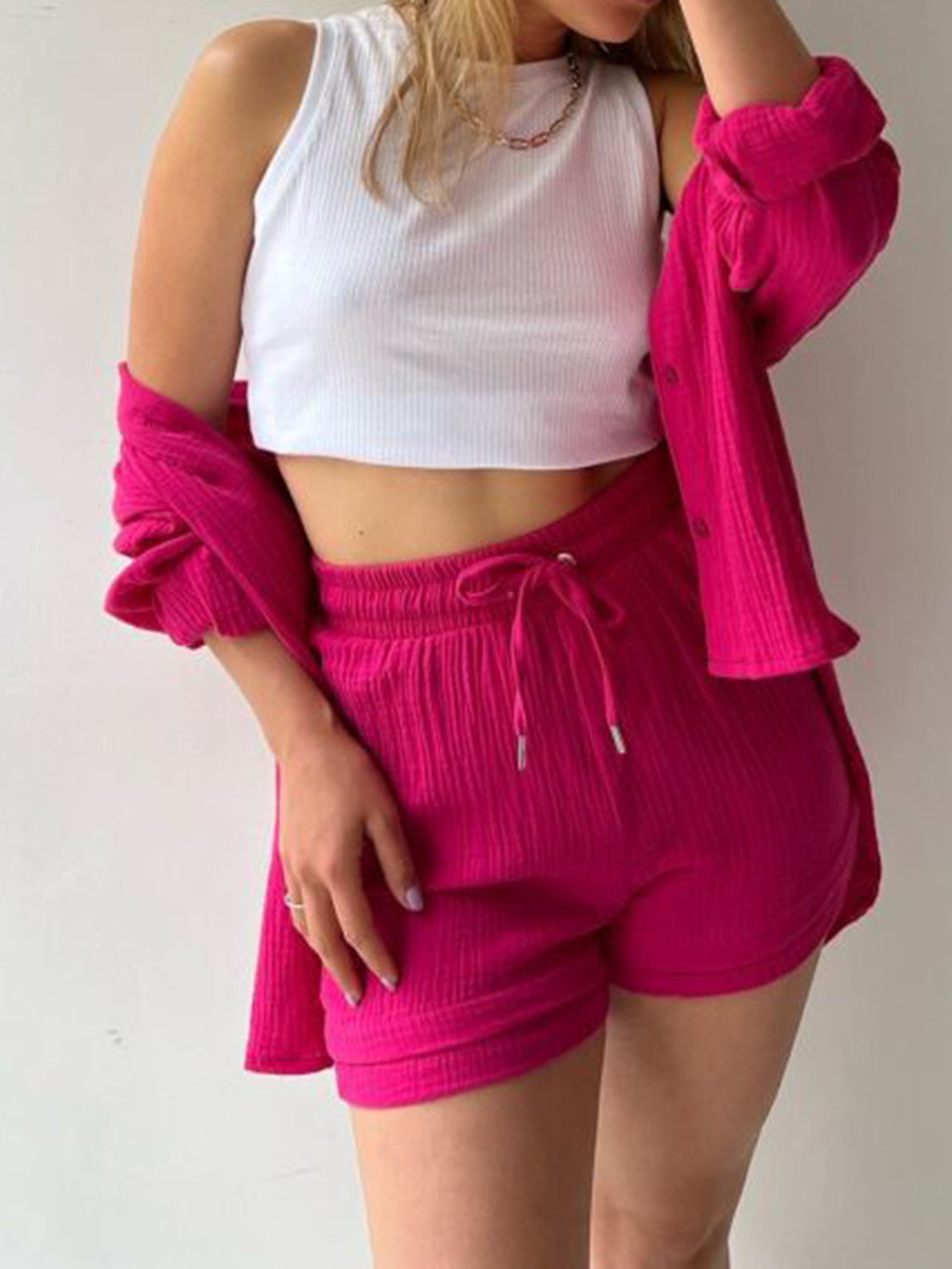 Texture Button Up Shirt and Drawstring Shorts Set - Kristi Pierce Designs