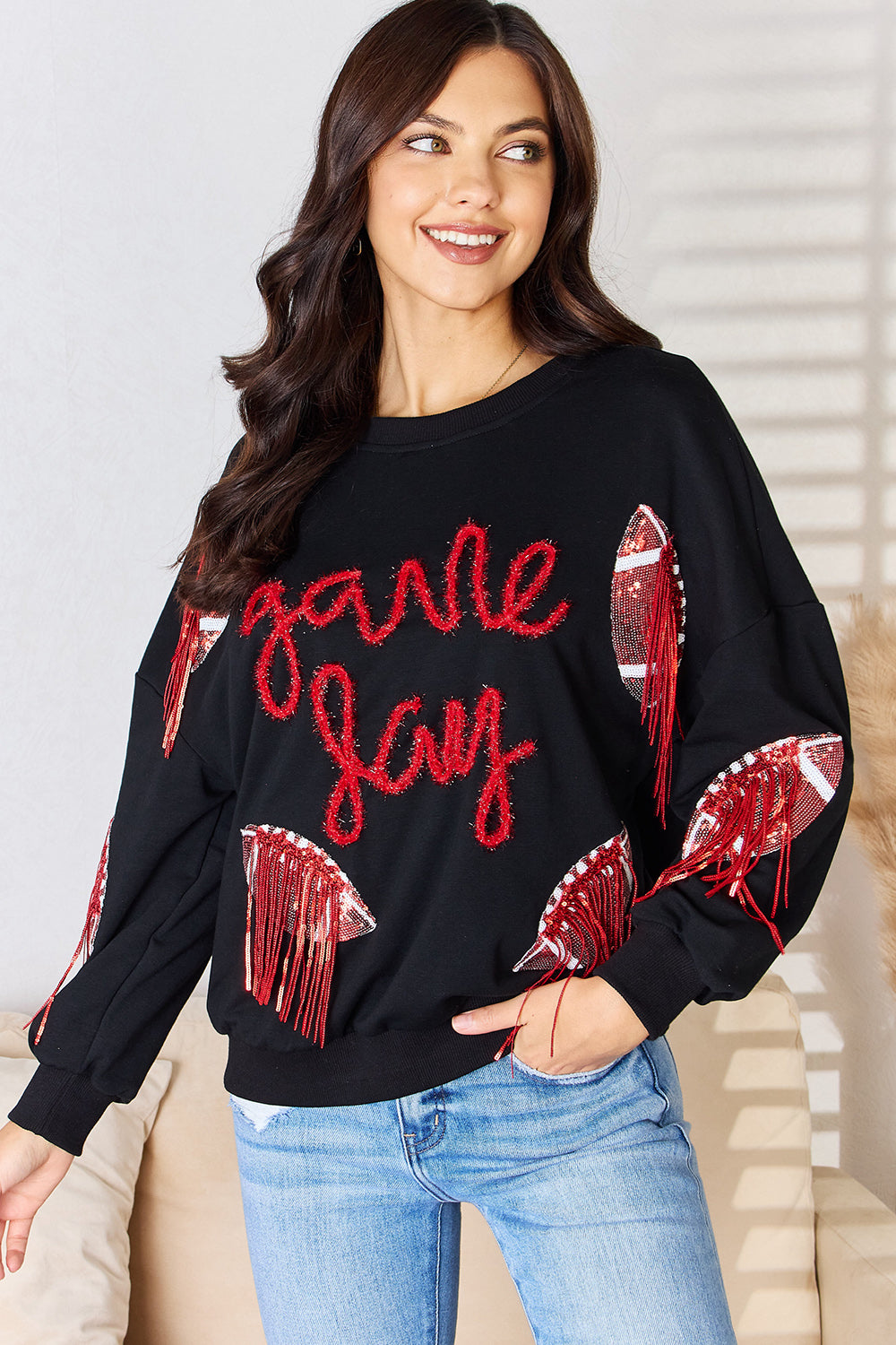 Football Sequin Round Neck Sweatshirt - Kristi Pierce Designs