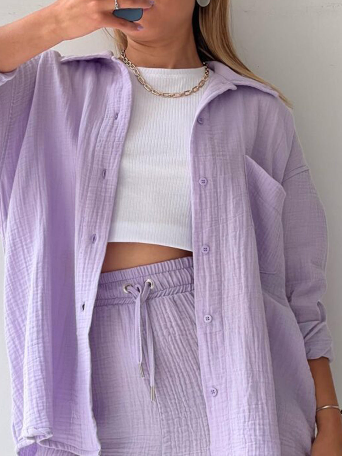 Texture Button Up Shirt and Drawstring Shorts Set - Kristi Pierce Designs